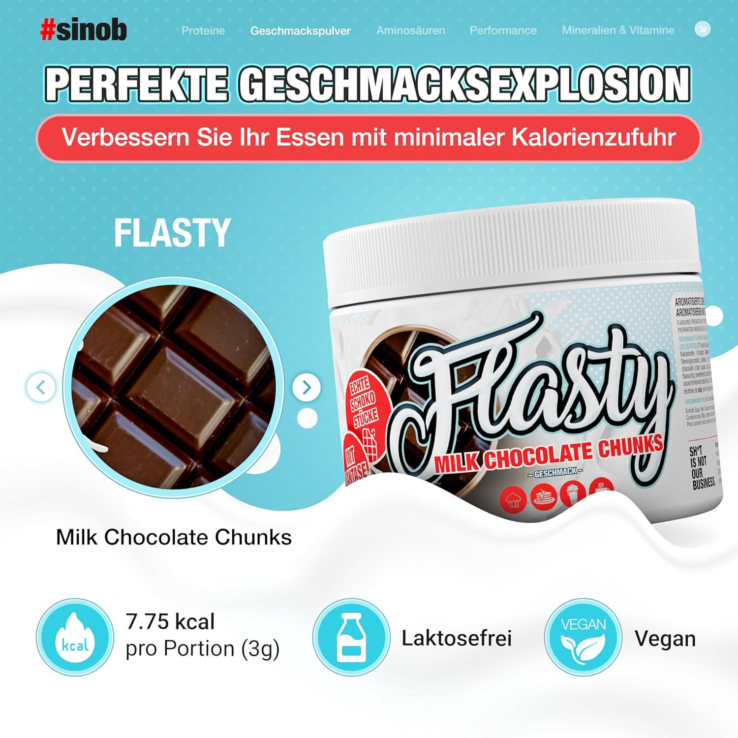 Detalle de Flasty Geschmackspulver Milk Chocolate Chunks – kalorienarm mit echten Chunks, 250 g