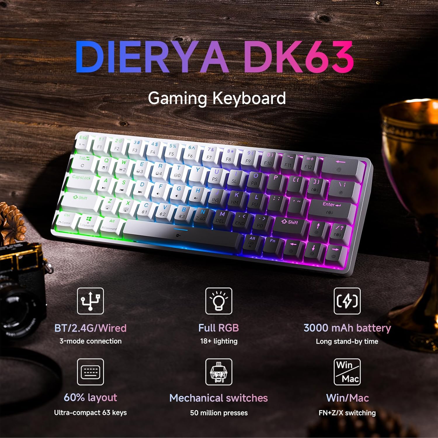 Thumbnail 1 de Dierya DK63 clavier gamer sans fil 60% mécanique (Bluetooth/2,4 Ghz/USB-C) avec 18 modes RGB