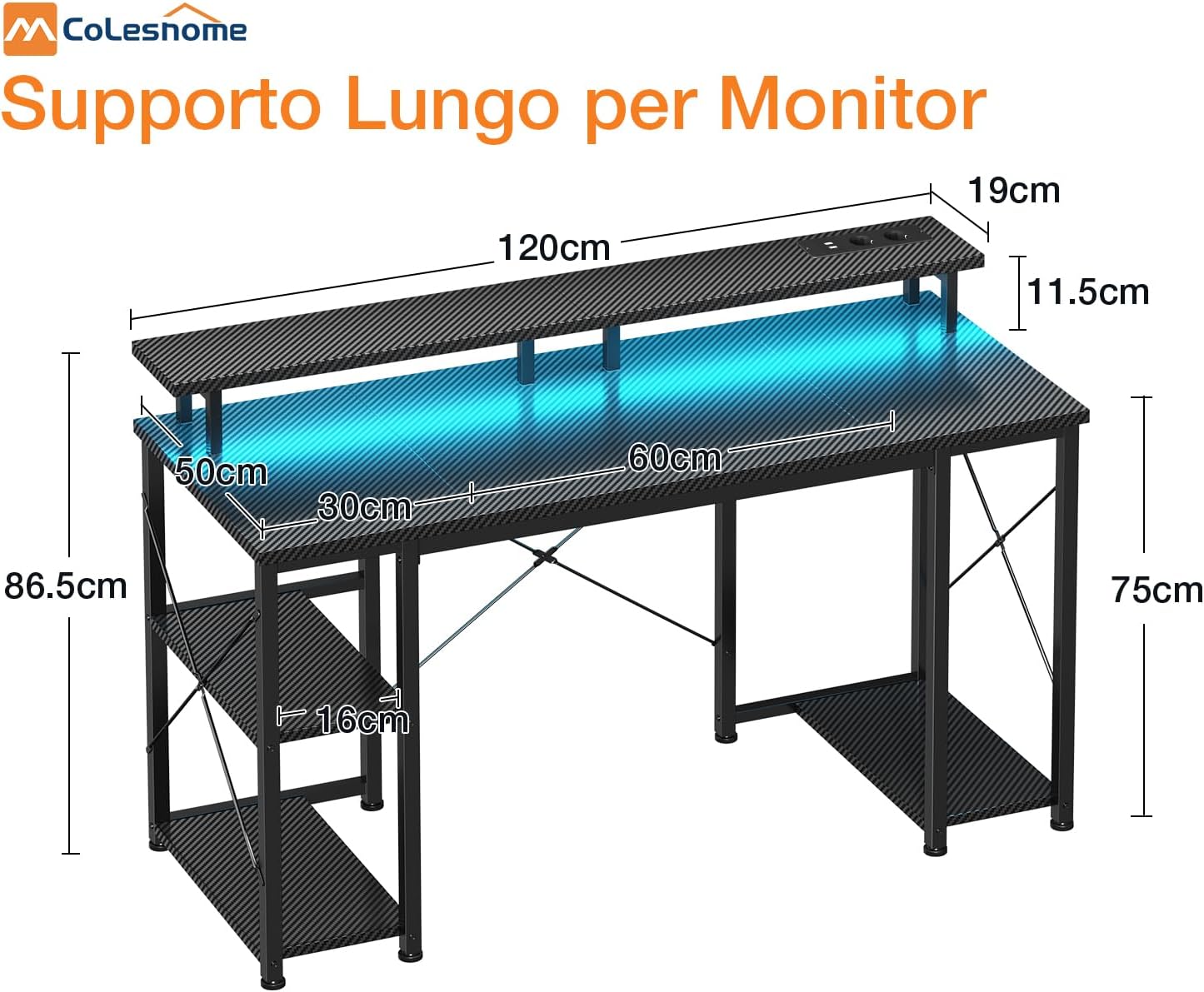 Thumbnail 2 de Coleshome Scrivania Gaming con LED 120x50 cm: PC, Monitor e Spazio di Archiviazione in Nero
