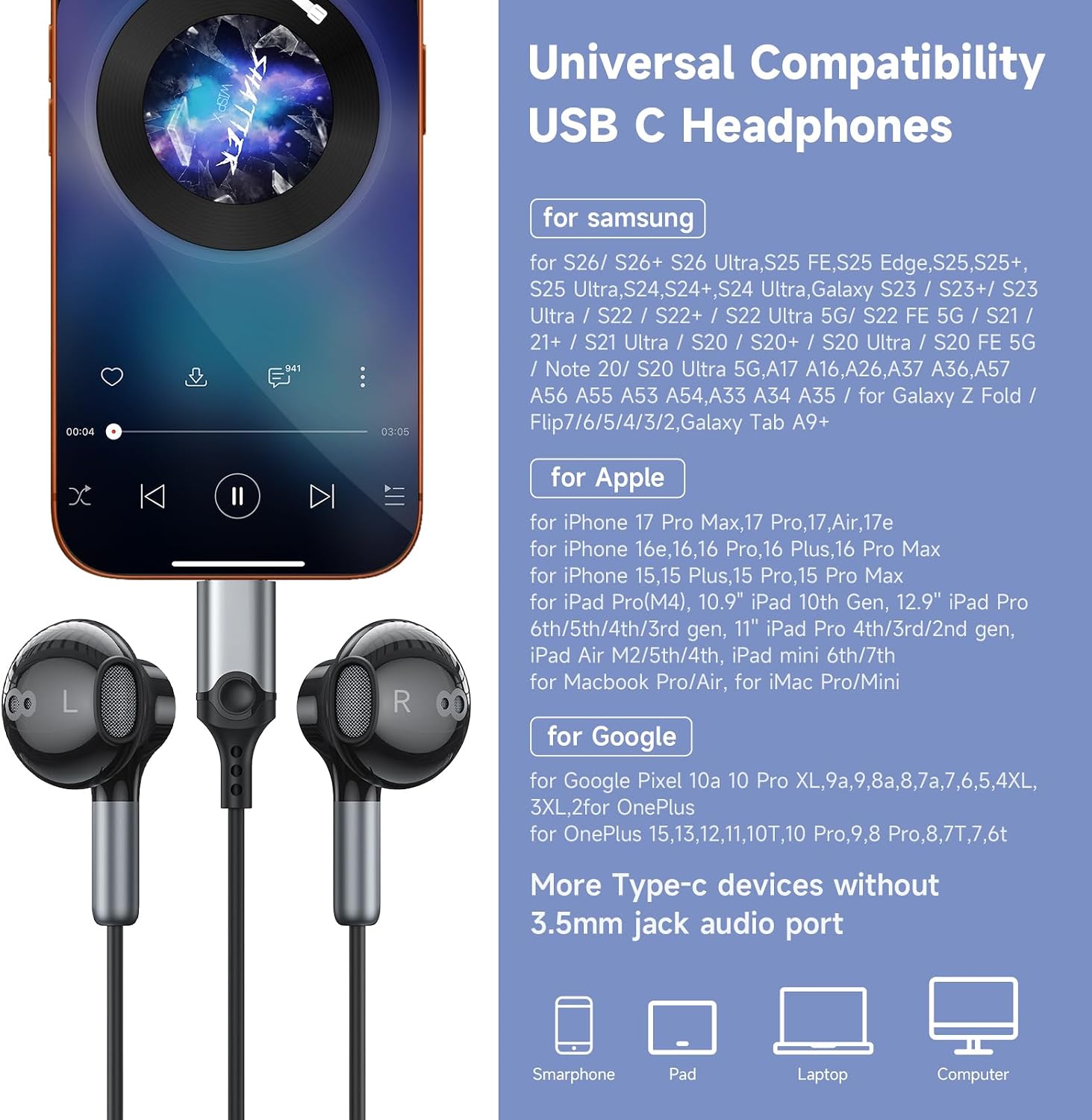 Thumbnail 1 de USB-C Headphones for iPhone and Galaxy: In-Ear Earphones with Microphone and Volume Control