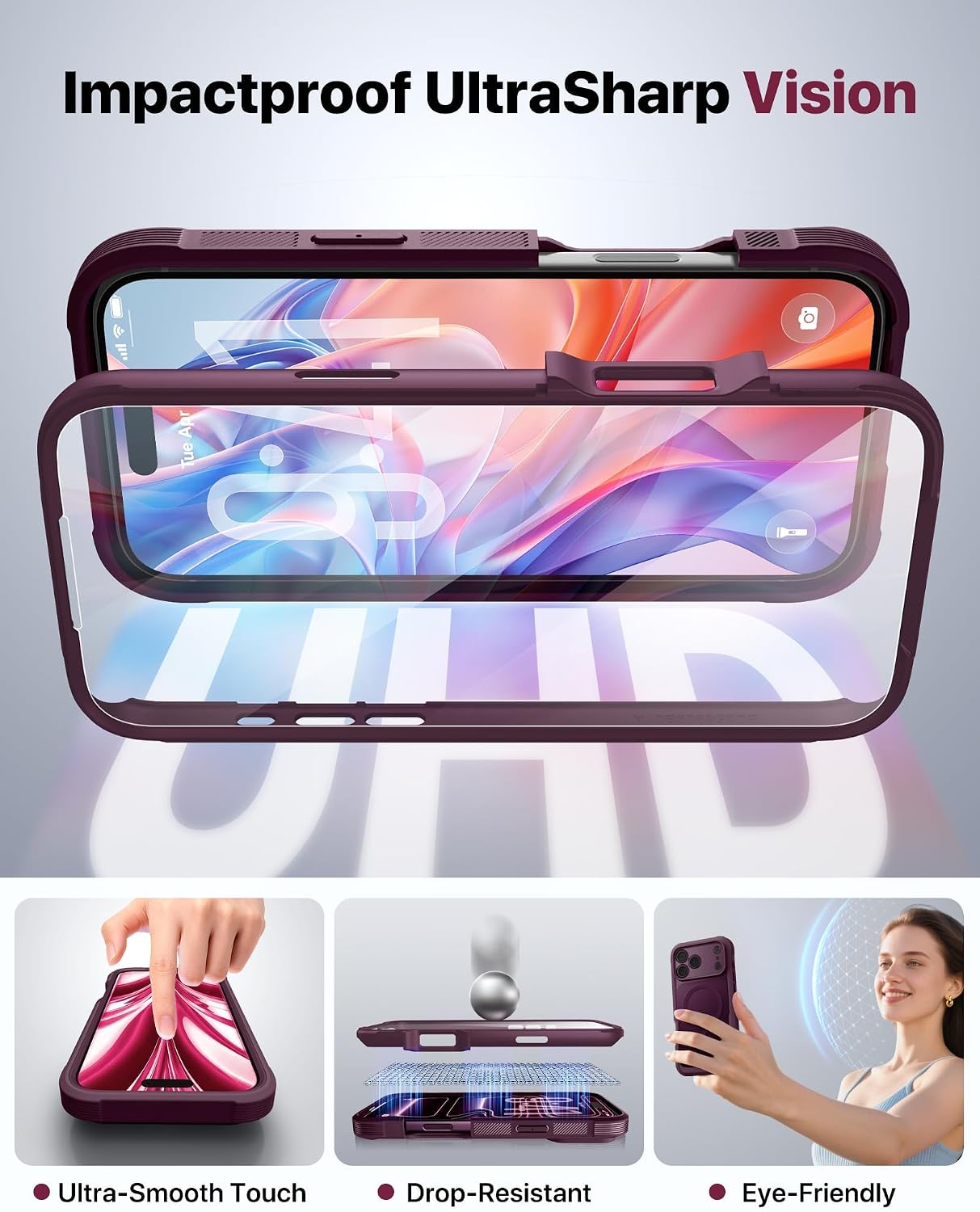 Thumbnail 5 de Diaclara Magnetic Case for iPhone 18 Pro with Screen Protector, Burgundy