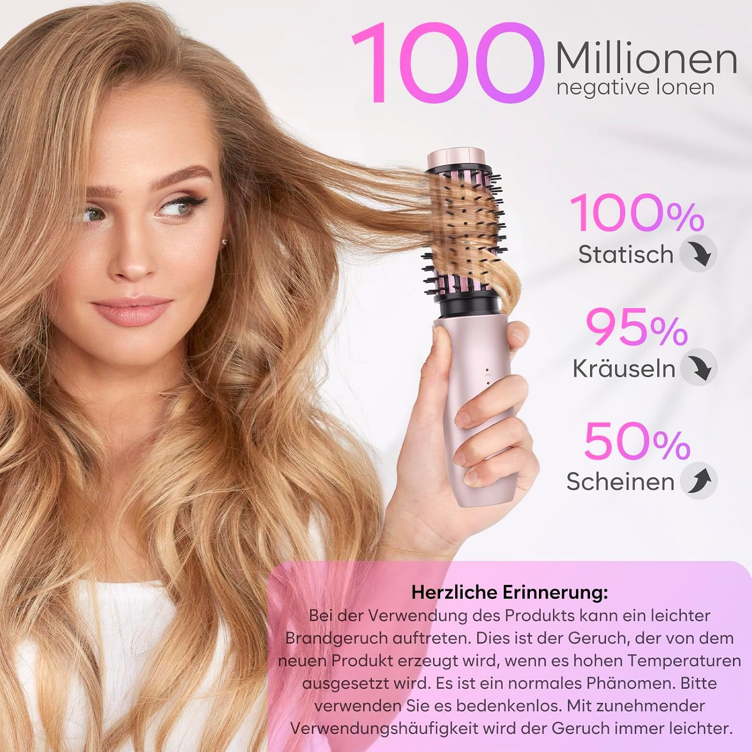 Detalle de Kabellose Lockenstabbürste, Tragbare Reise-Lockenstab-Minibürste für Frauen – 7000 mAh, USB aufladbar, negative Ionen, Rosa