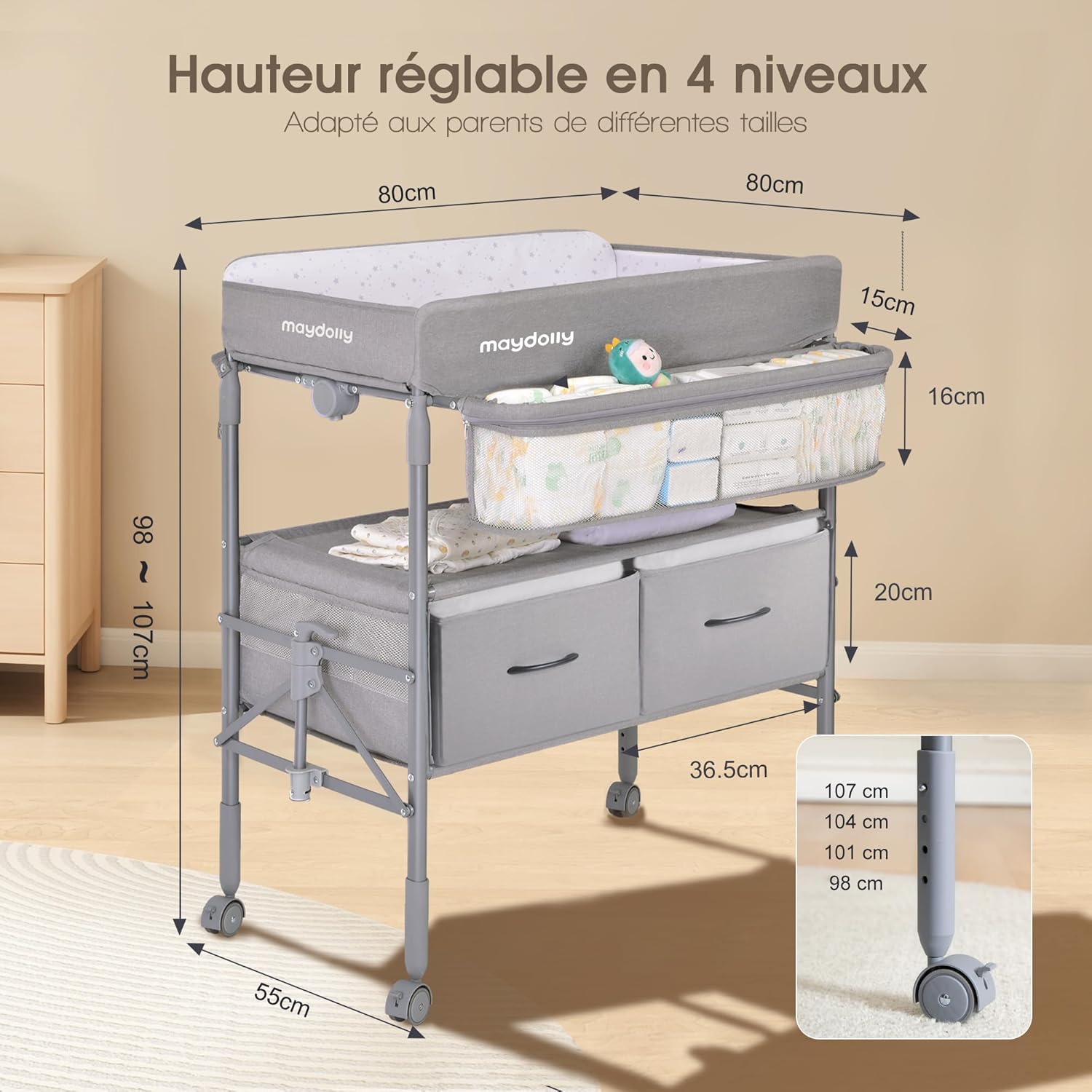 Thumbnail 5 de Maydolly Table à langer bébé pliante avec roulettes et hauteur réglable (gris)
