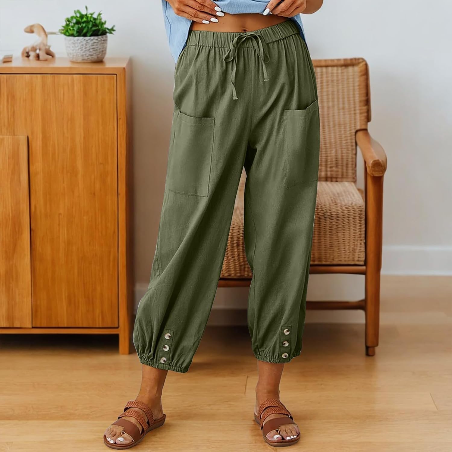 Thumbnail 3 de CrystErzoix pantaloni donna estivi leggeri in cotone a 7/8, gamba larga e vita elastica