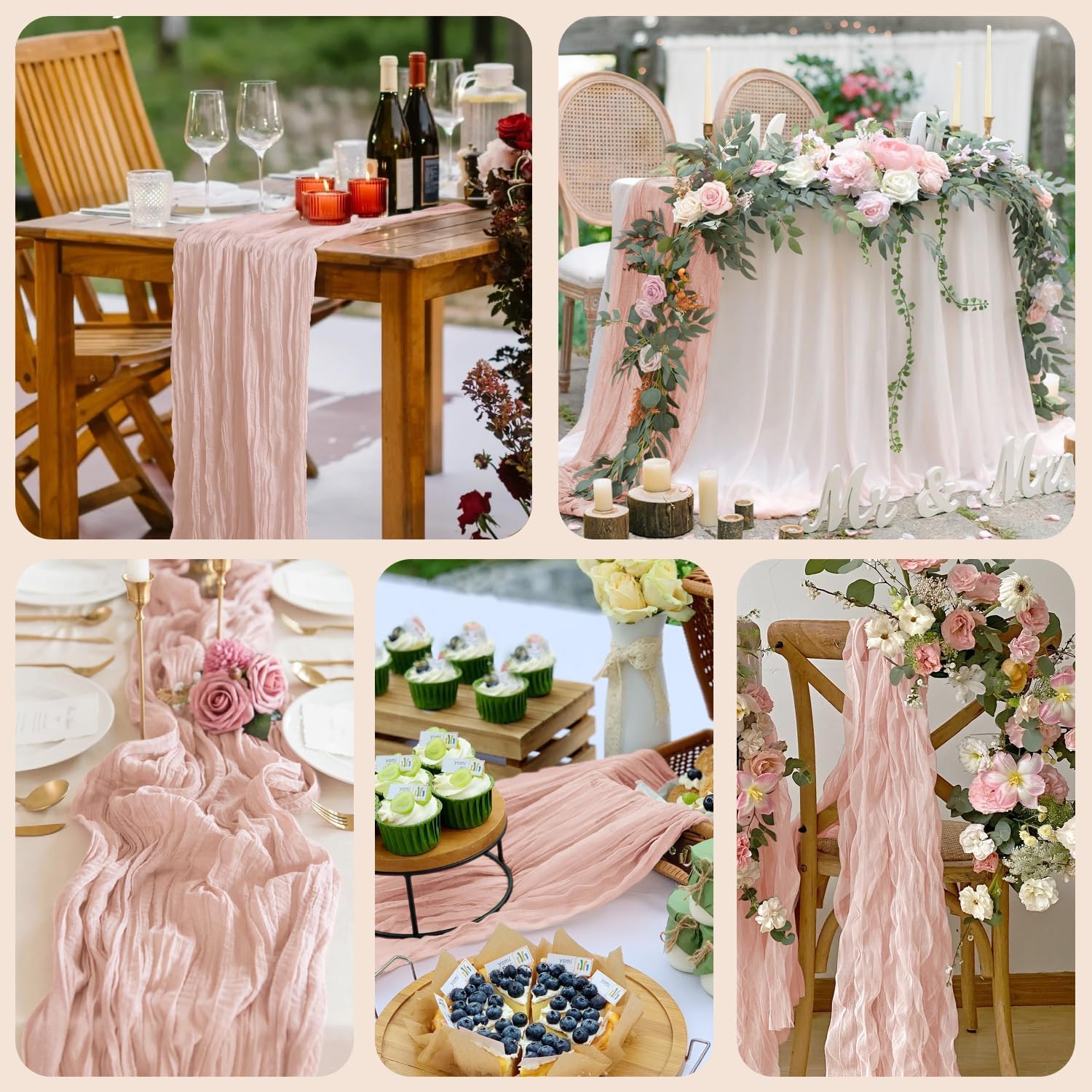 Thumbnail 6 de Asee'm 4pc Dusty Pink Cheesecloth Table Runner Set — 120-Inch Boho Rustic 10ft Runways for Weddings & Events