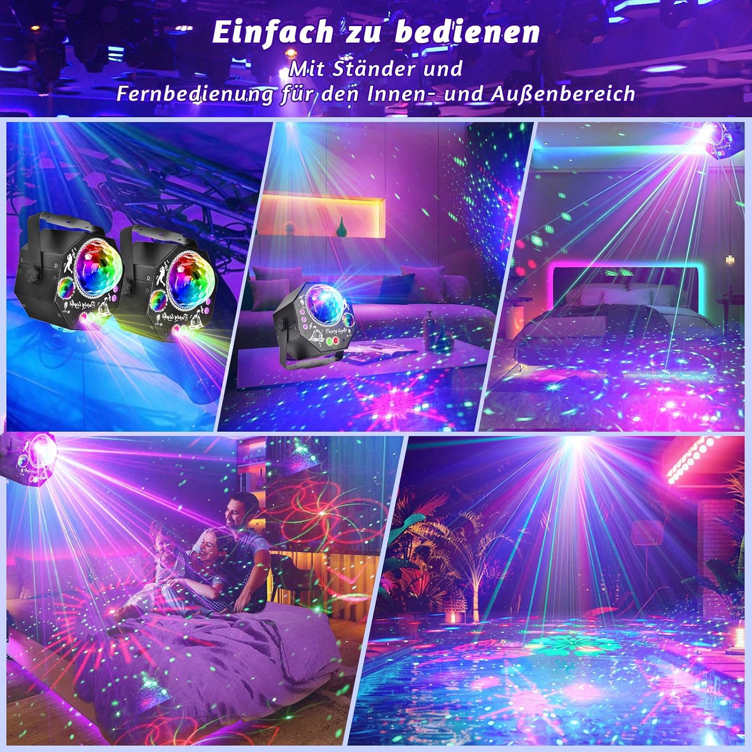 Detalle 2 de 4-in-1 Discolicht Partylicht mit Fernbedienung – 75 Effekte, RGB/UV, Musikgesteuert
