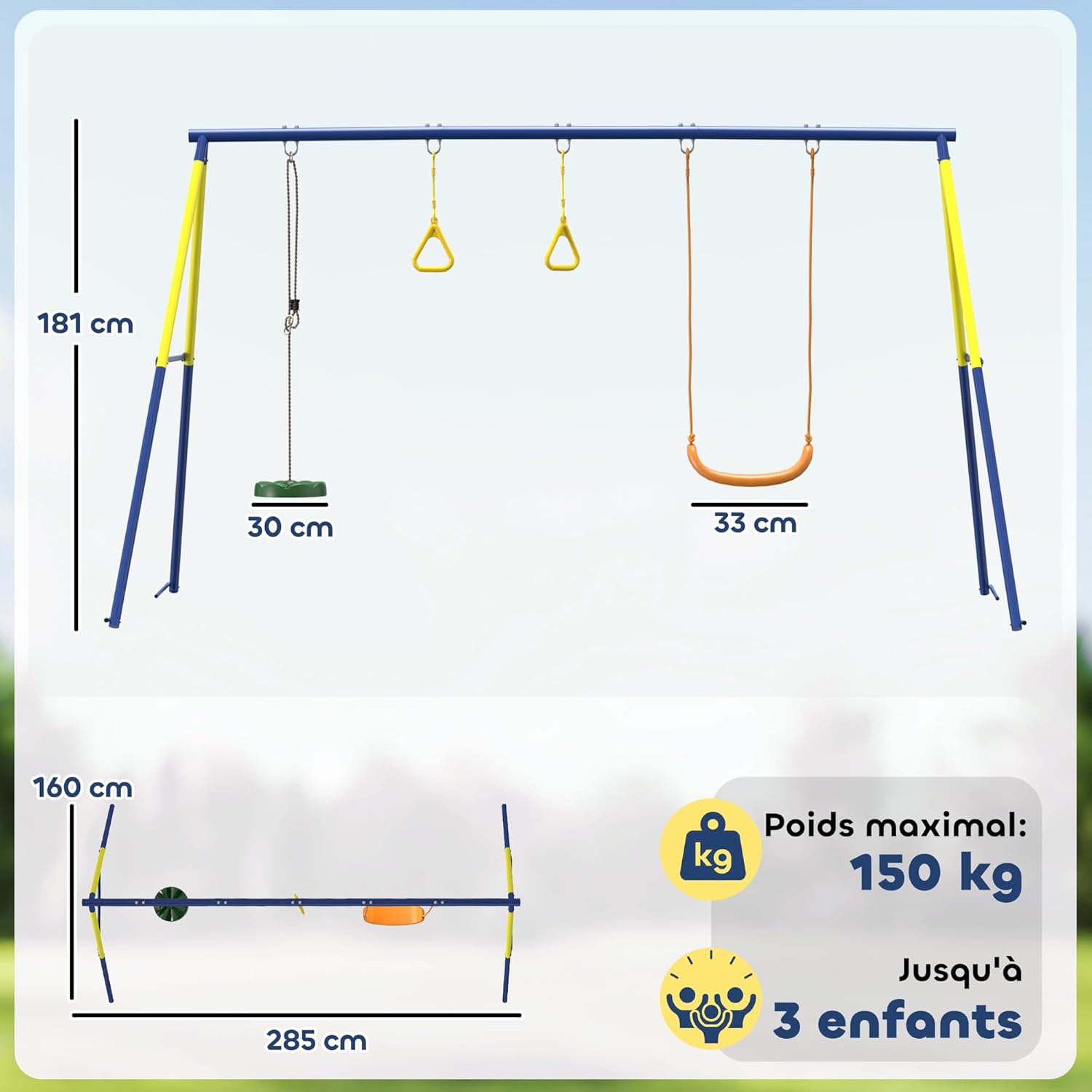 Thumbnail 6 de AIYAPLAY Portique Balançoire Extérieure 3-en-1 pour Enfants (3–8 ans) – Siège, Anneaux et Balançoire à Disque