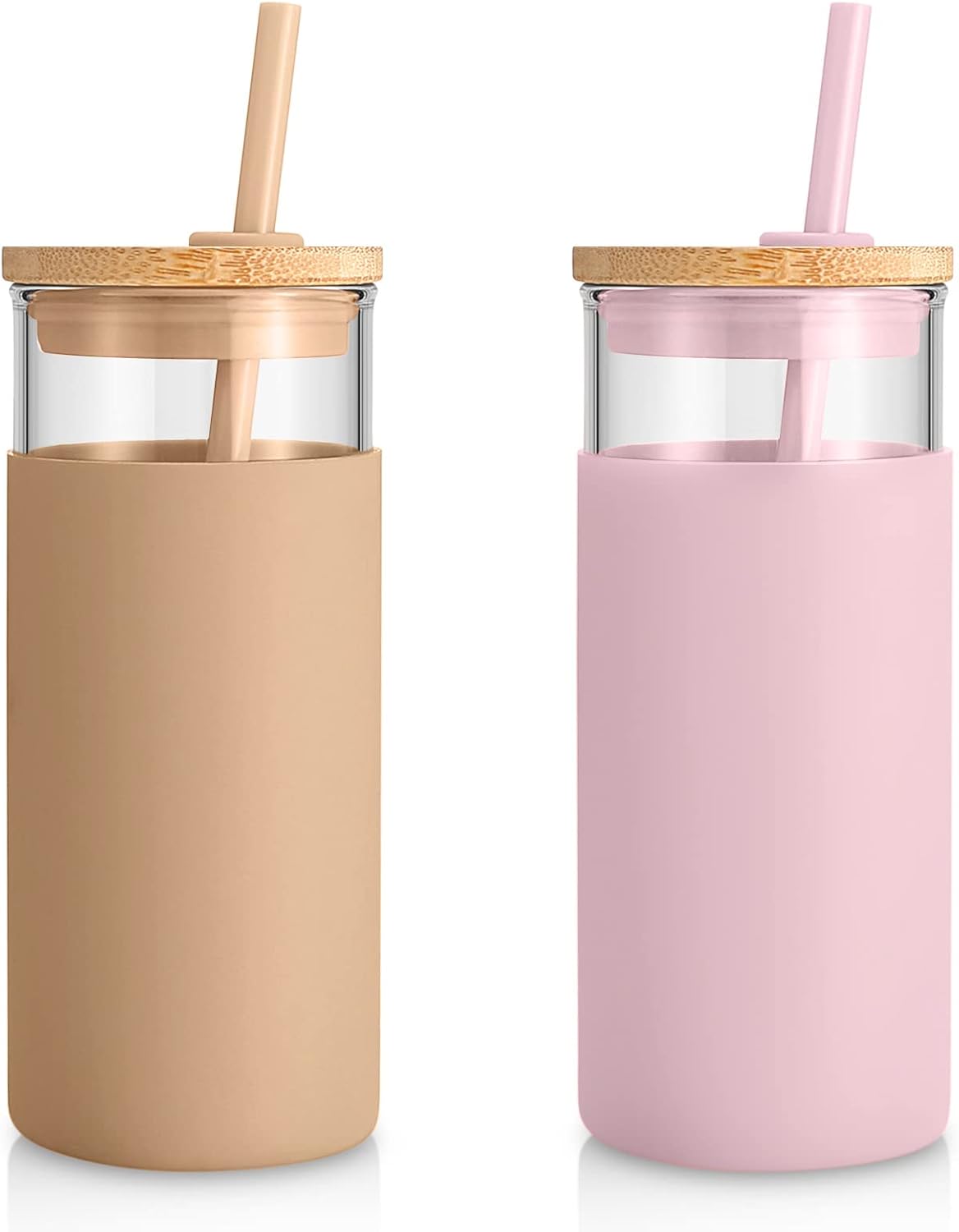 Detalle de Tronco 20 oz Glass Tumbler with Lid and Straw (2-Pack) — High Borosilicate Glass Cups, Bamboo Lids & Silicone Sleeve