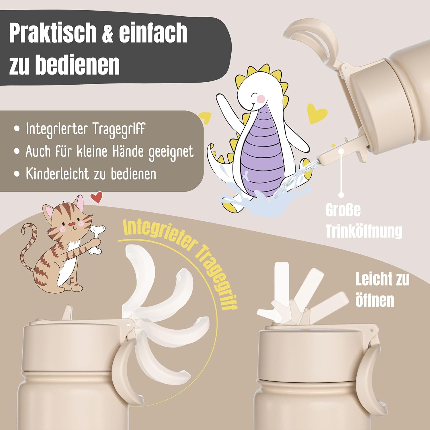 Thumbnail 4 de BEARFOOT Trinkflasche Kinder Edelstahl 400 ml mit Strohhalm – Beige Safari