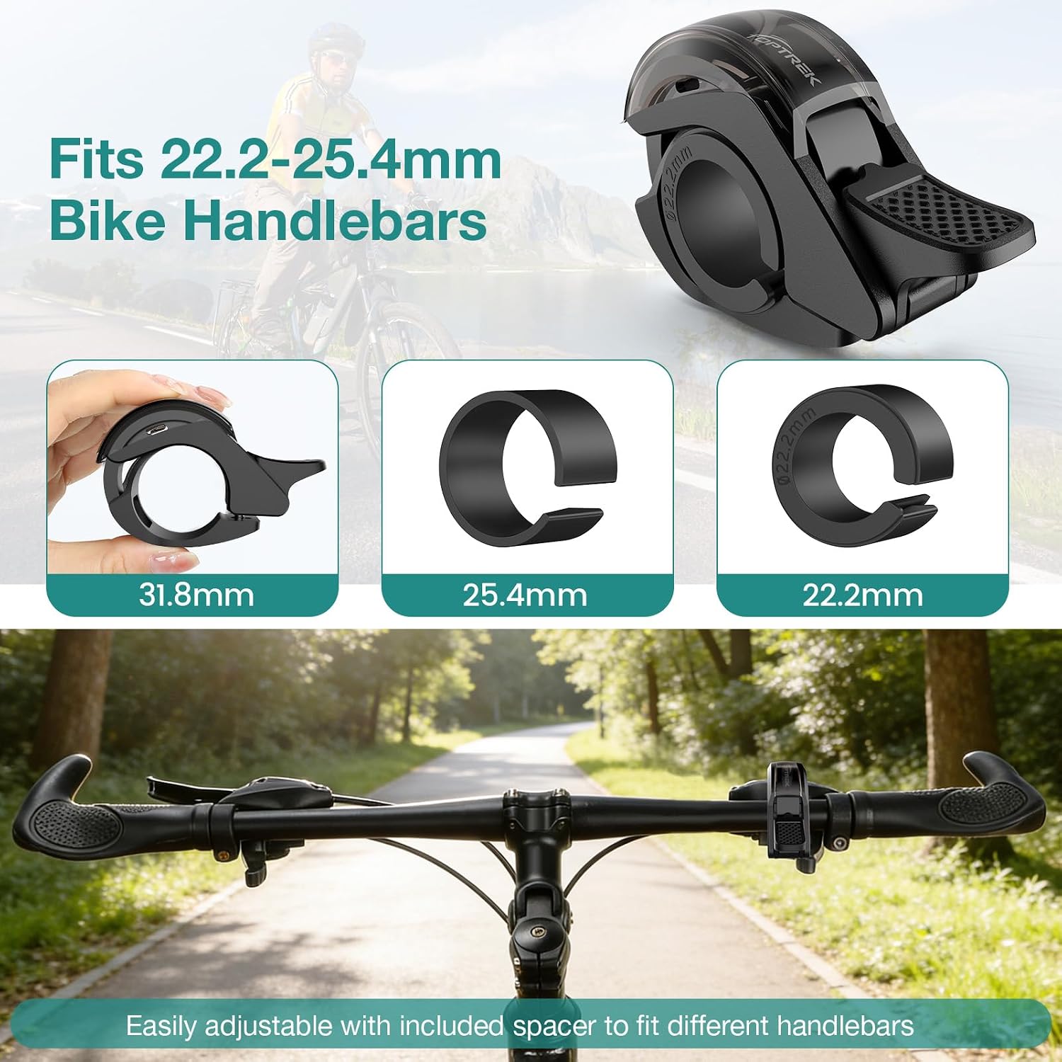 Thumbnail 3 de Toptrek 110dB Aluminium Bike Bell with Universal Fit (22.2–31.8mm) for Adults and Kids