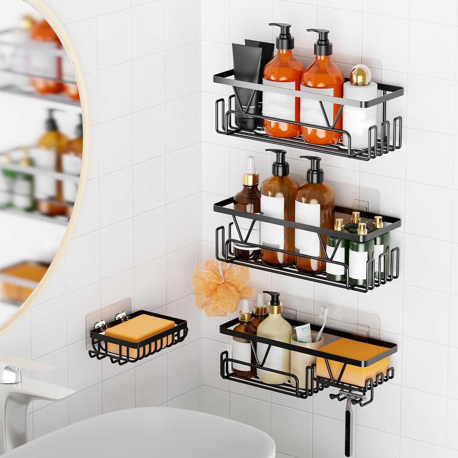 Thumbnail 1 de KEGII Shower Caddy with Soap Holder – Stick-on, Black Stainless Steel Bath Organizer (4 Pieces)