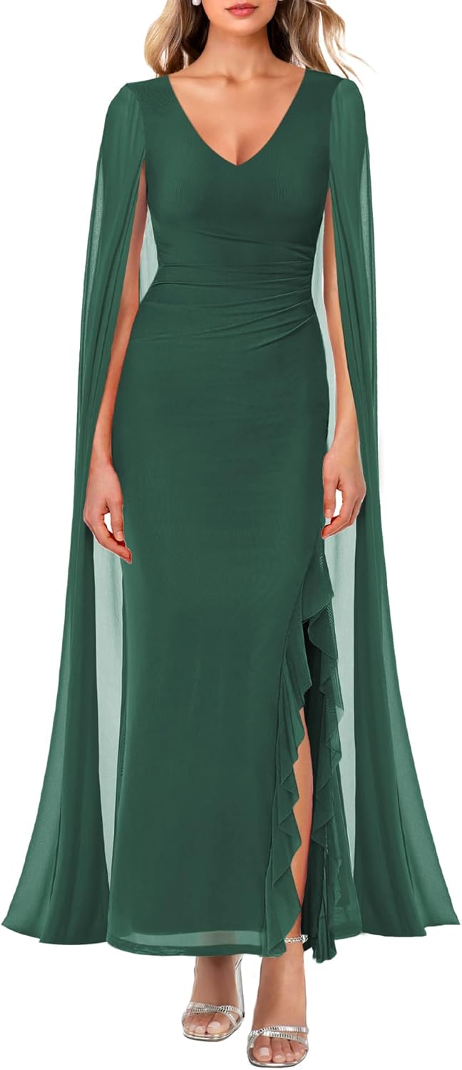 Thumbnail 6 de MAYFASEY Women's V Neck Split Formal Dress with Cape – Mesh Ruched Long Dress