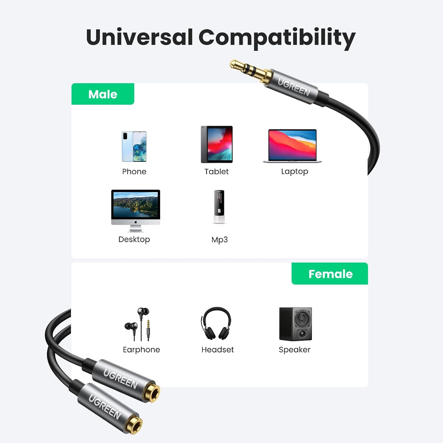 Thumbnail 6 de UGREEN 3,5mm-audiosplitter voor twee hoofdtelefoons, 20 cm, grijs