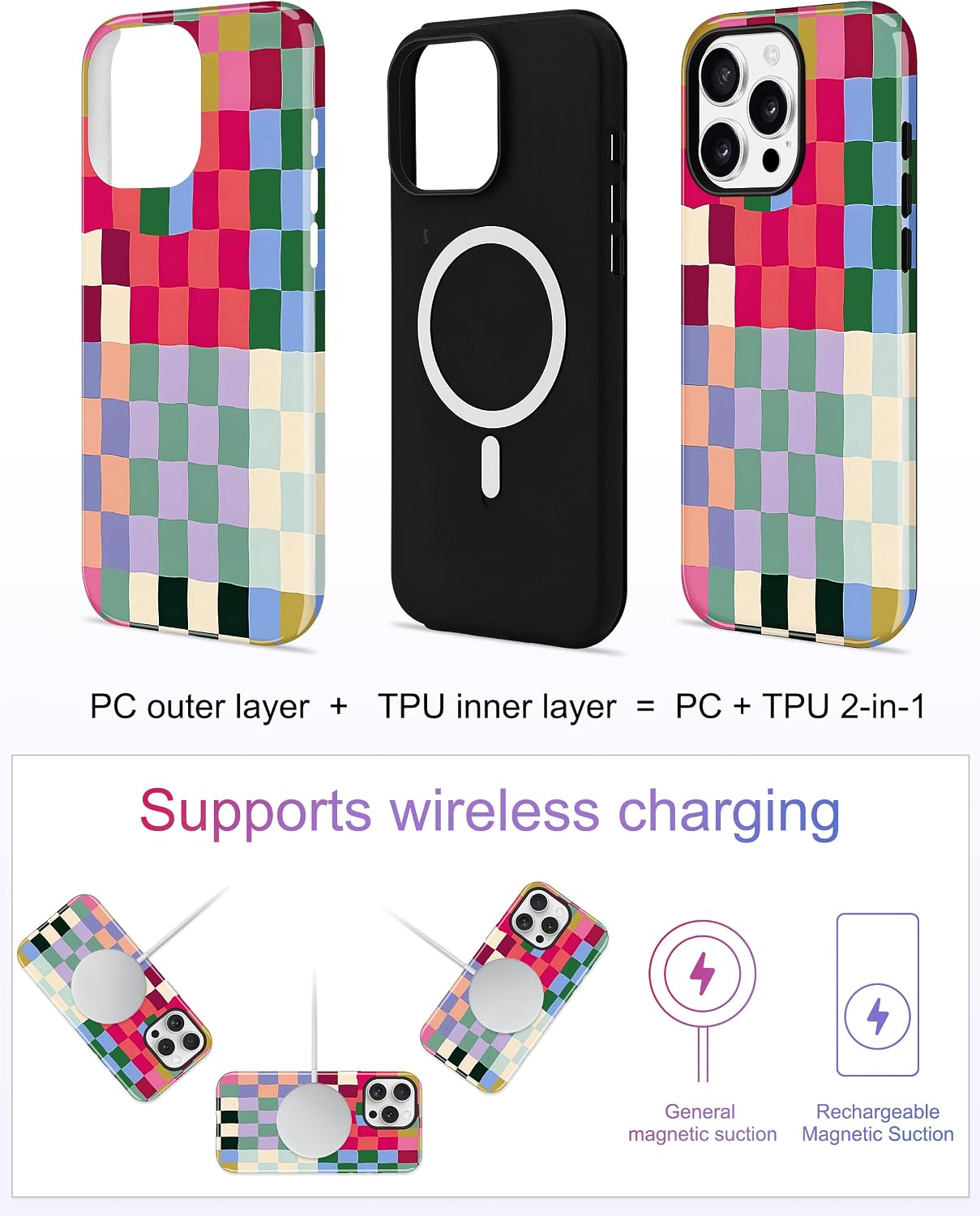 Detalle de Jusy Magnetic Checkered iPhone 15 Pro Case with MagSafe Compatibility