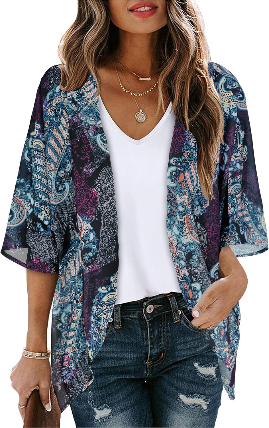 Detalle de Florynova Women’s Casual Kimono Cardigan: Summer Beach Cover Up with Floral Print