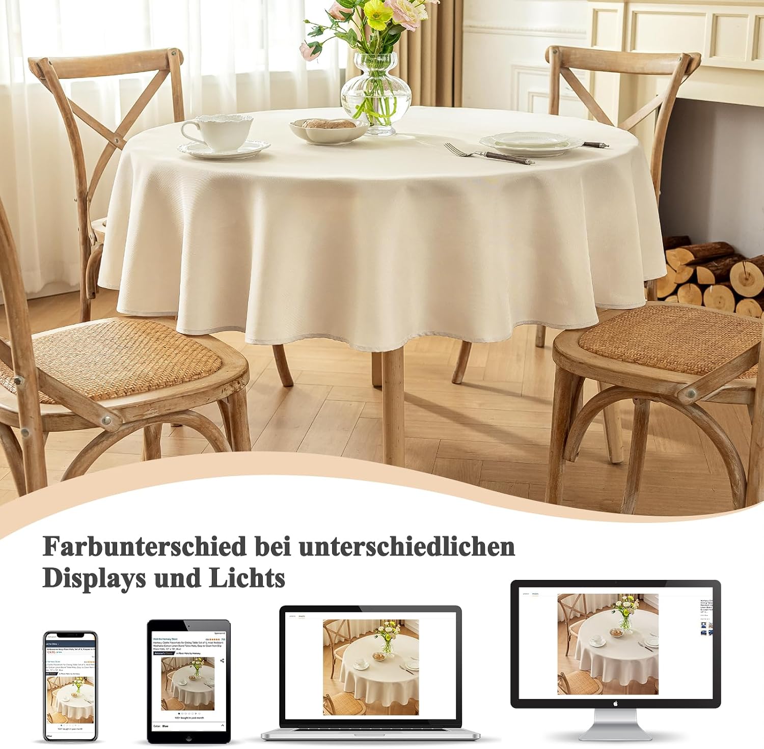 Detalle 2 de Moonooda Tischdecke Rund Beige 140 cm – pflegeleicht, wasserabweisend und kratzfest