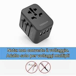 Detalle 2 de TESSAN Adattatore Universale da Viaggio 5 in 1: 1 presa CA, 3 USB A e 1 USB C (Nero)