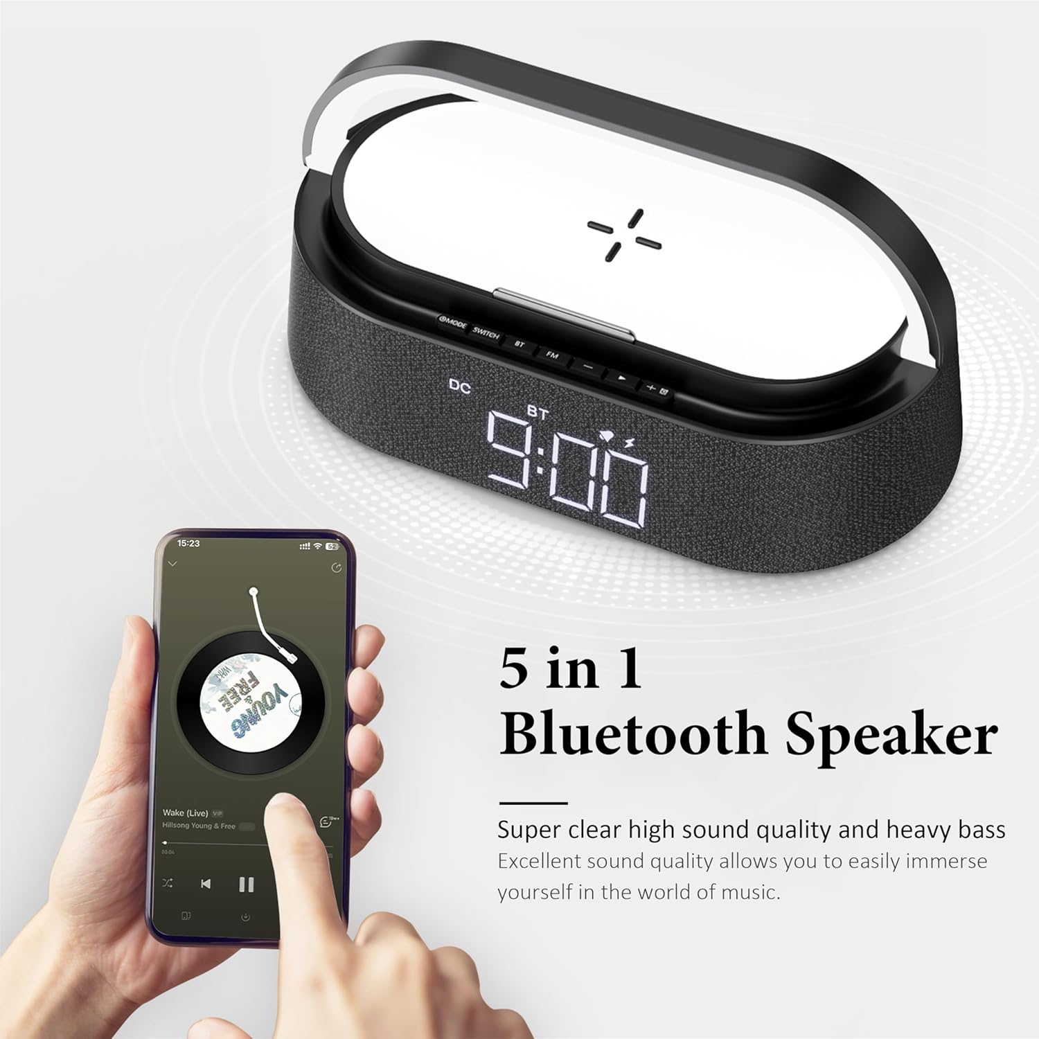 Detalle 2 de FREEFISH Bluetooth Speaker with Wireless Charger – 15W Quick Charge, FM Radio, Dual Speakers & Adjustable LED Night Light