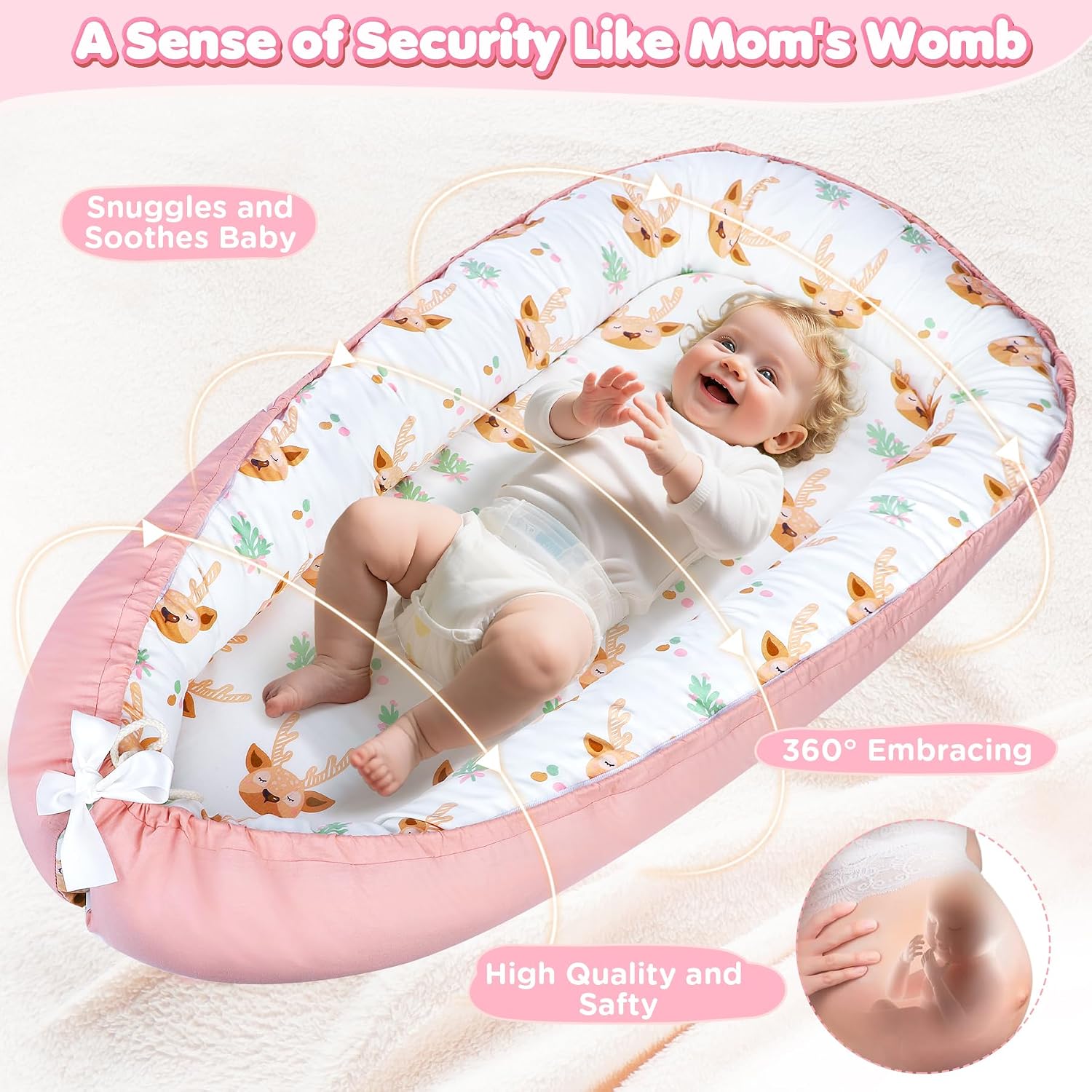 Thumbnail 1 de URMYWO Babynestchen Neugeborene – Nestchen 90x50 cm aus 100% Baumwolle, zweifarbig, handgefertigt