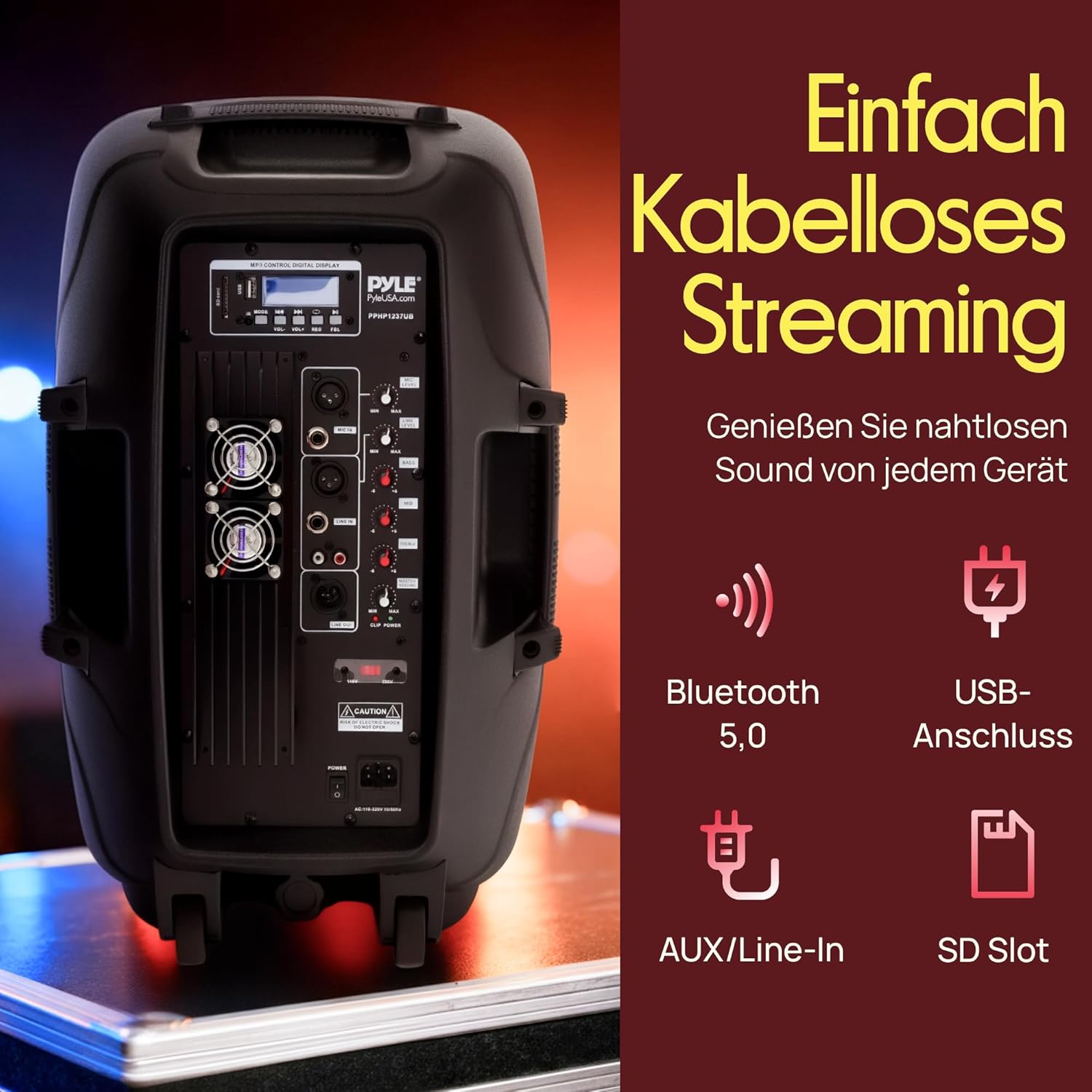 Thumbnail 2 de Großer Pyle Bluetooth Partybox-Lautsprecher mit 900 W, 12-Zoll-Tieftöner, USB/SD/AUX/FM & XLR