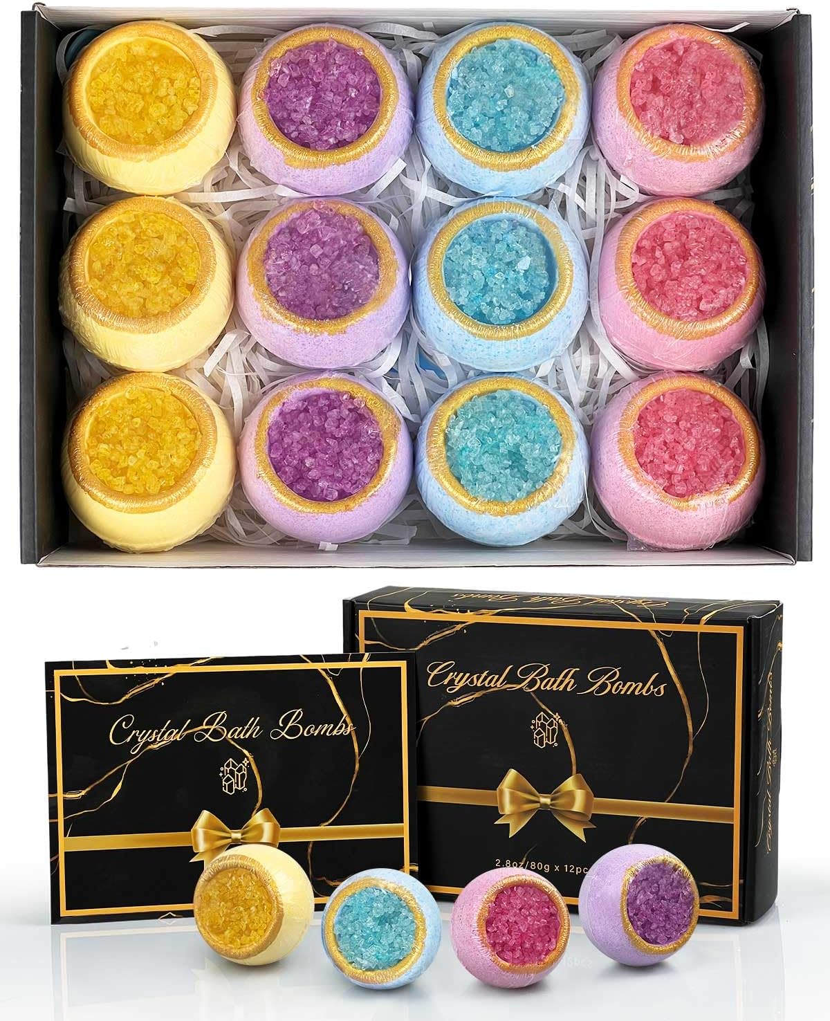 Luxury Crystal Bath Bombs Gift Set for Women – 12 moisturising bath bombs with 4 scents