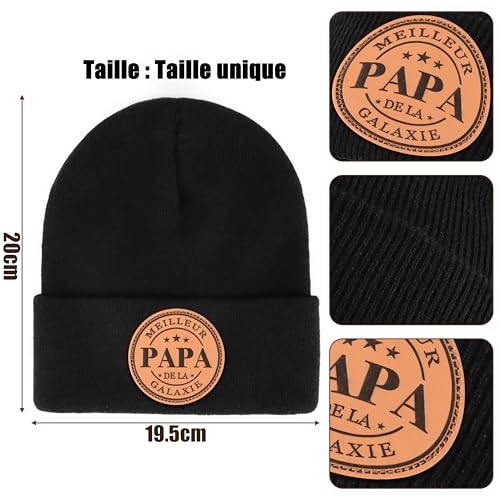 Detalle de Merclix Bonnet Noir Tricoté avec étiquette cuir – cadeau idéal pour papa