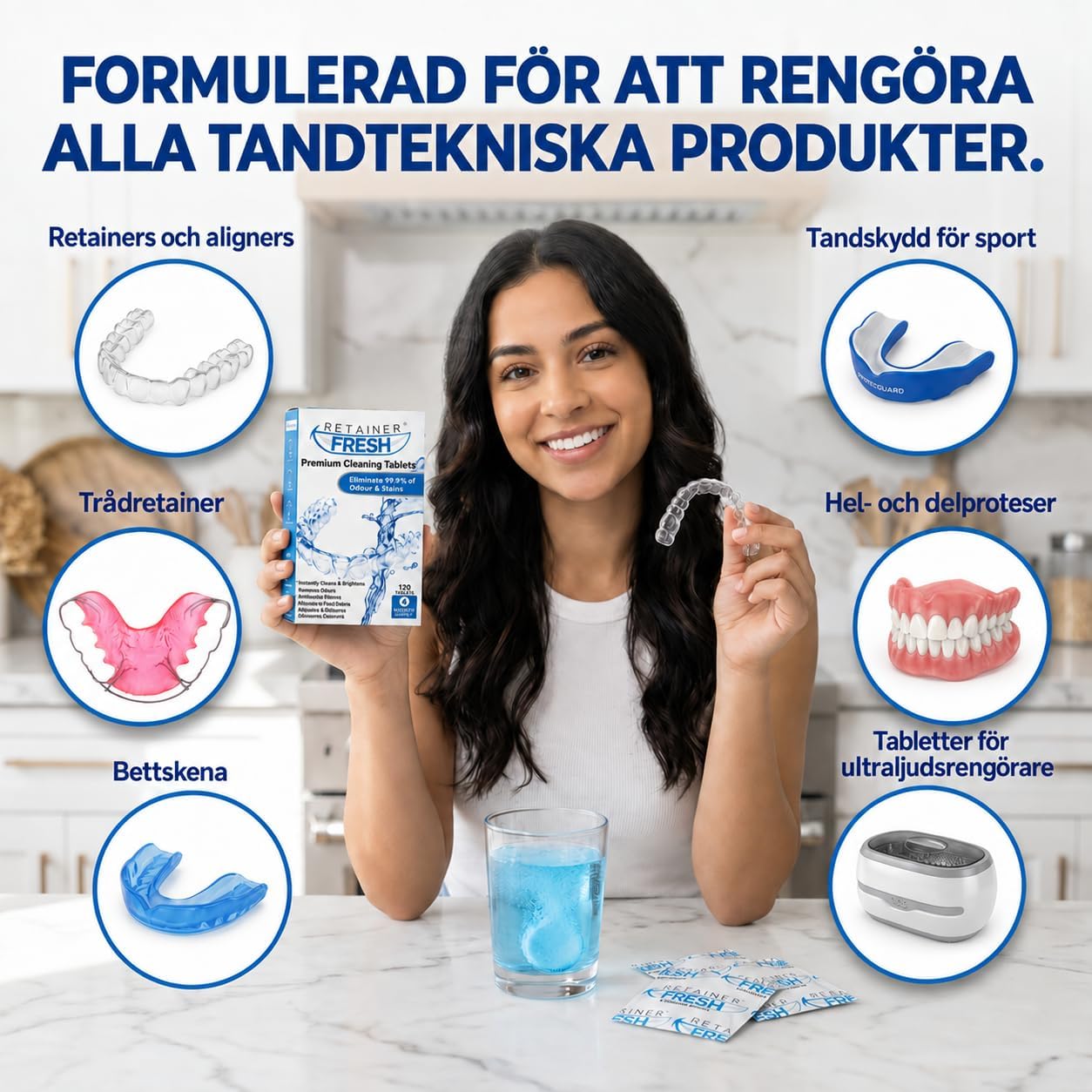 Detalle de Retainer Fresh 120tablets rengöringstabletter för tandskenor, proteser och bettskenor