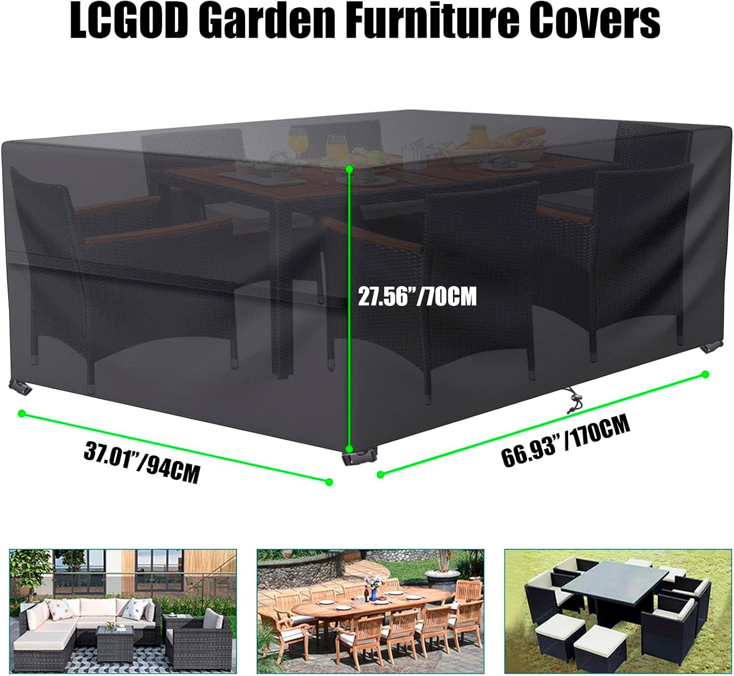 Detalle de Housse LCGOD pour salon de jardin – 170 x 94 x 70 cm, Oxford 600D PU résistant, protection tout temps
