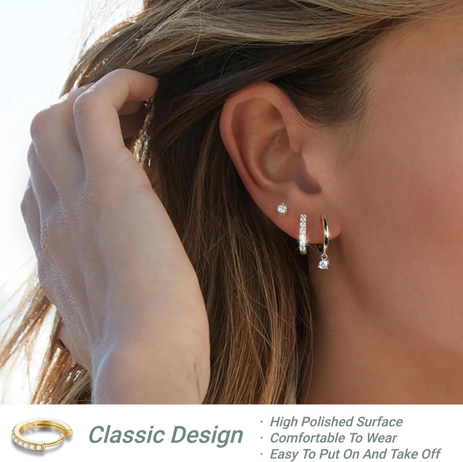 Thumbnail 5 de Macachii 3 Pairs Small Hoop Earrings Set in 925 Sterling Silver (plus CZ) for Multiple Piercings