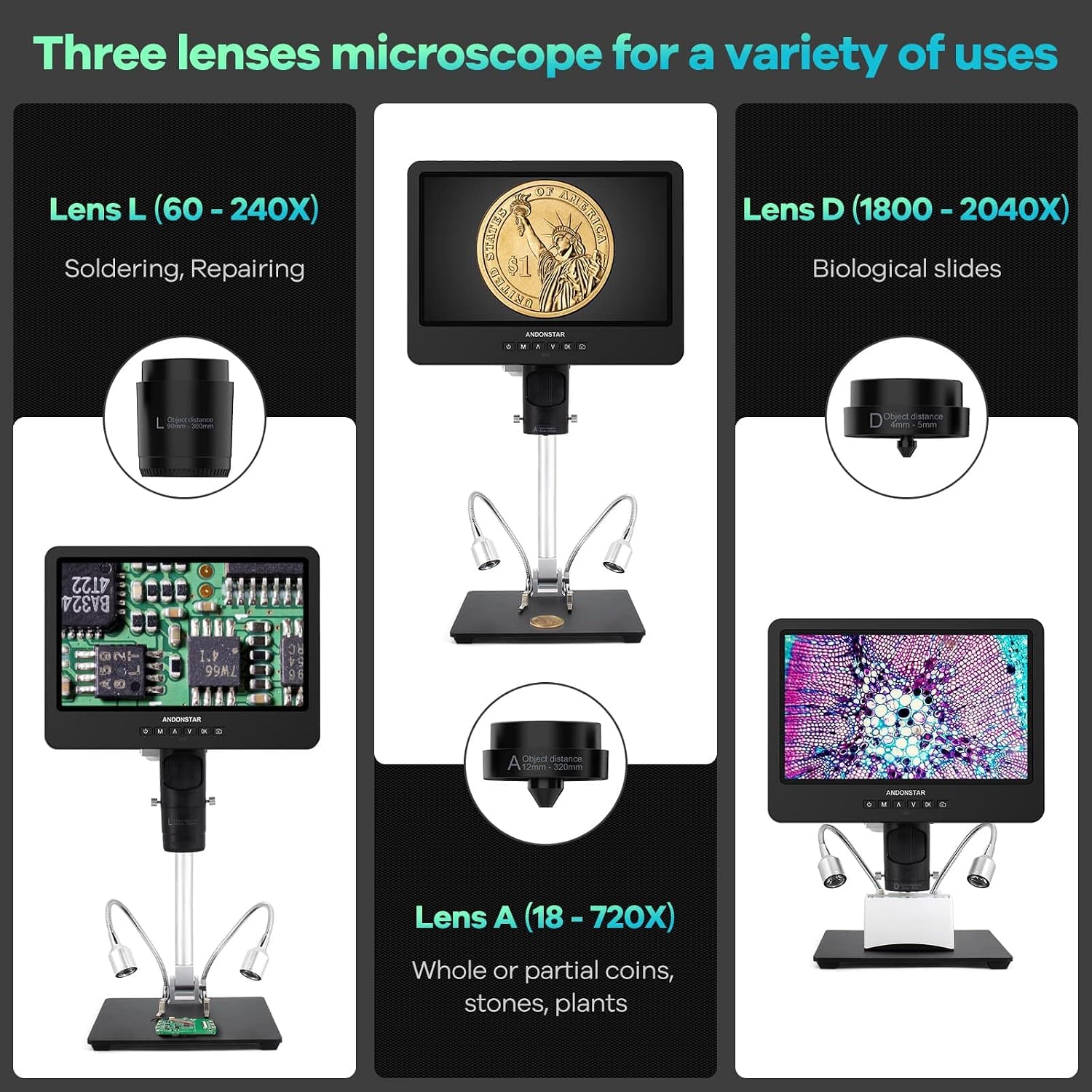 Thumbnail 1 de Andonstar AD249S-M 10.1-Inch HDMI Digital Microscope with 3 Lenses