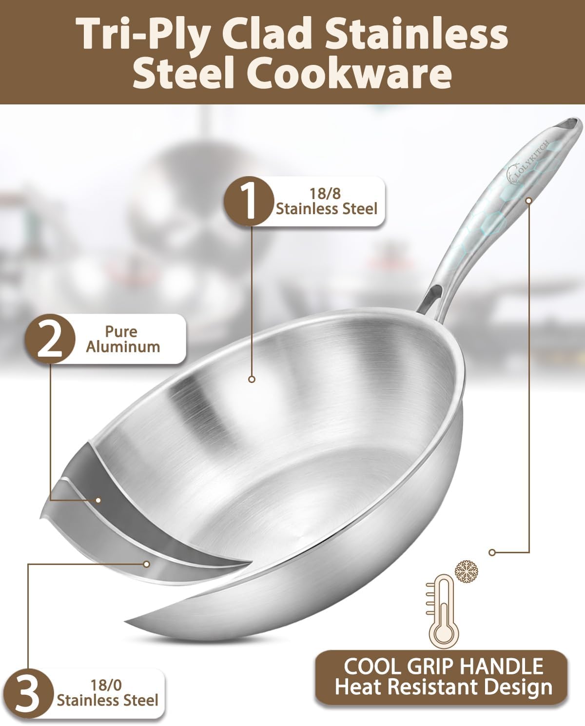 Detalle 2 de LOLYKITCH 12 Inch Tri-Ply Stainless Steel Wok Pan
