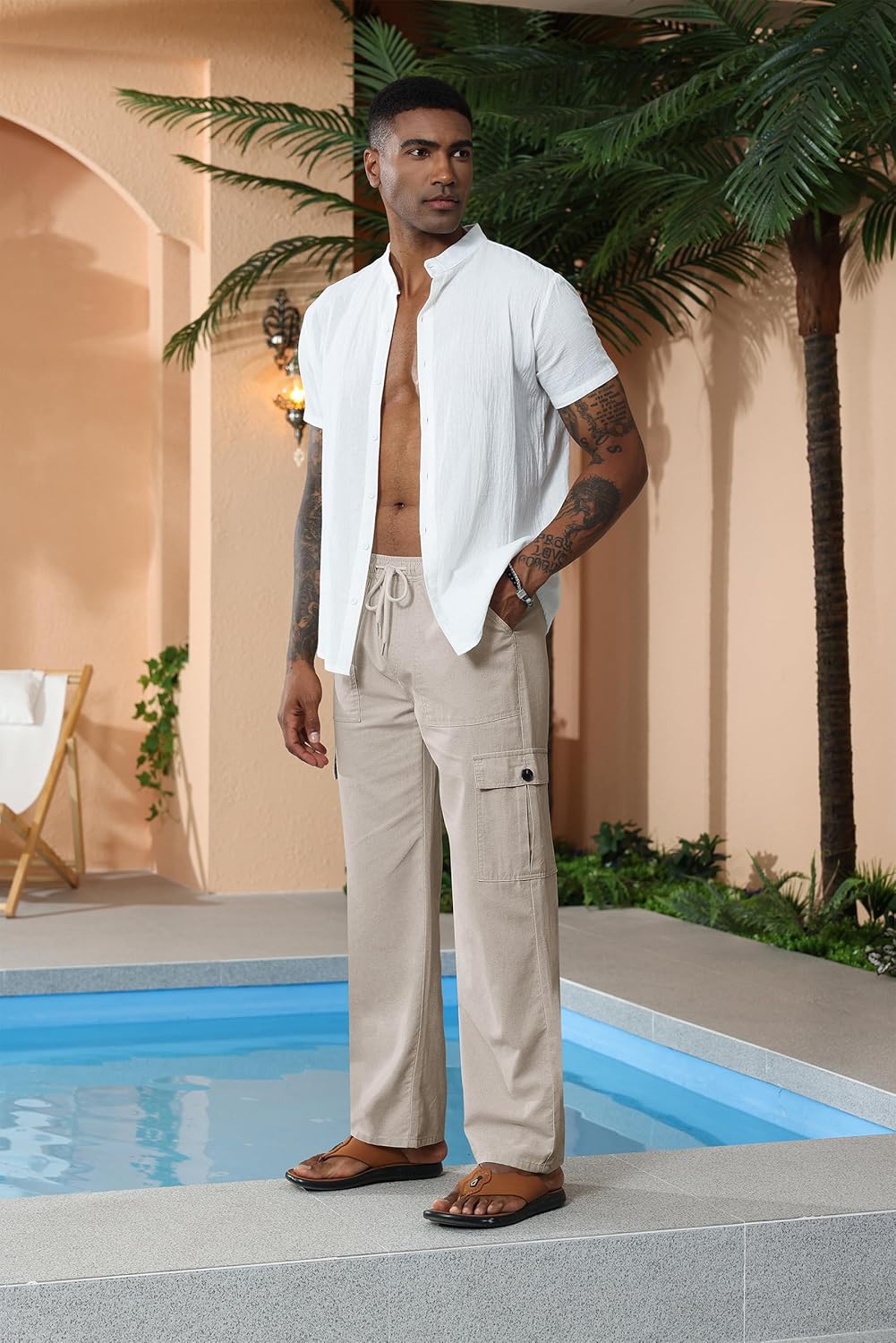Detalle 2 de Breampot Herren Leinenhose Lang – Leichtes Cargo-Design mit Kordelzug