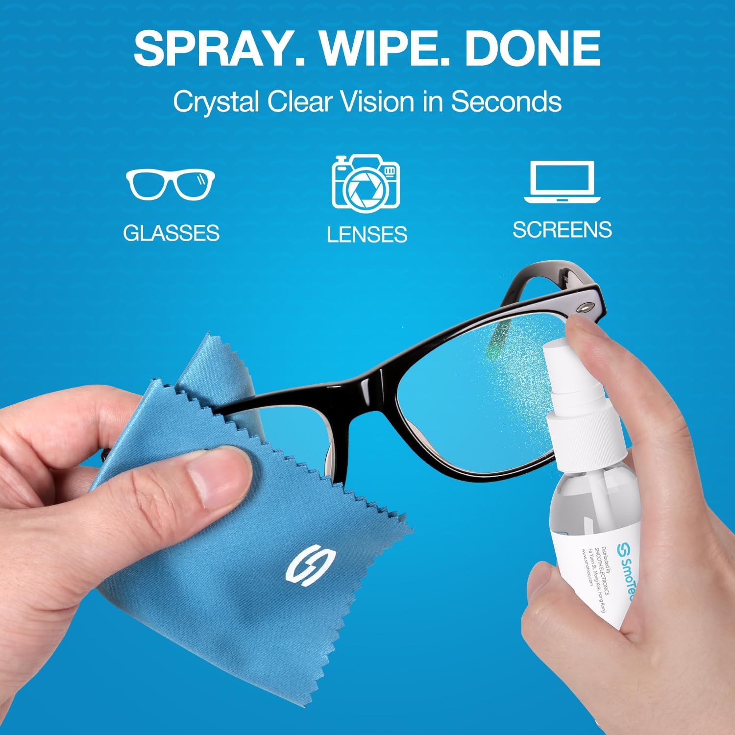 Detalle de SmoTecQ Glasses Cleaner Kit: Alcohol-Free, Plant-Based Spray + Ultra-Soft Cloths (2x 2oz, 2 Cloths, Travel Pouch)