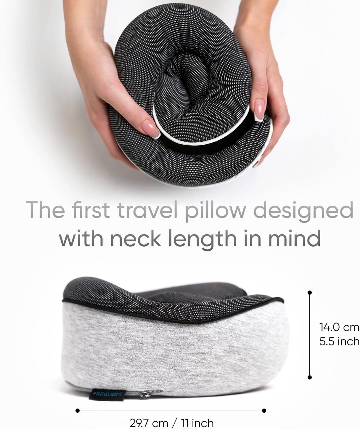 Detalle de Proglobe Travel Pillow Set: Memory Foam Neck Pillow with Eye Mask, Earplugs & Mesh Bag (Grey)