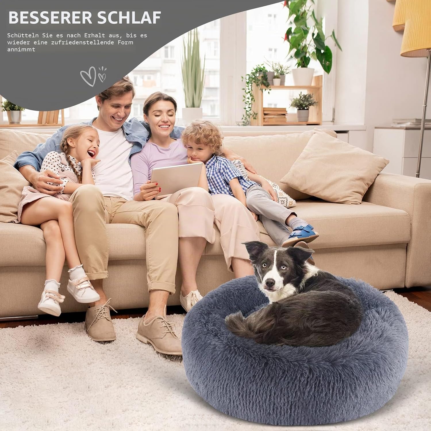 Detalle 2 de BVAGSS Rundes Hundebett Donut Kuscheliges Haustierbett 60 cm – Flauschig Plüsch, wasserdichte Unterseite, dunkelgrau