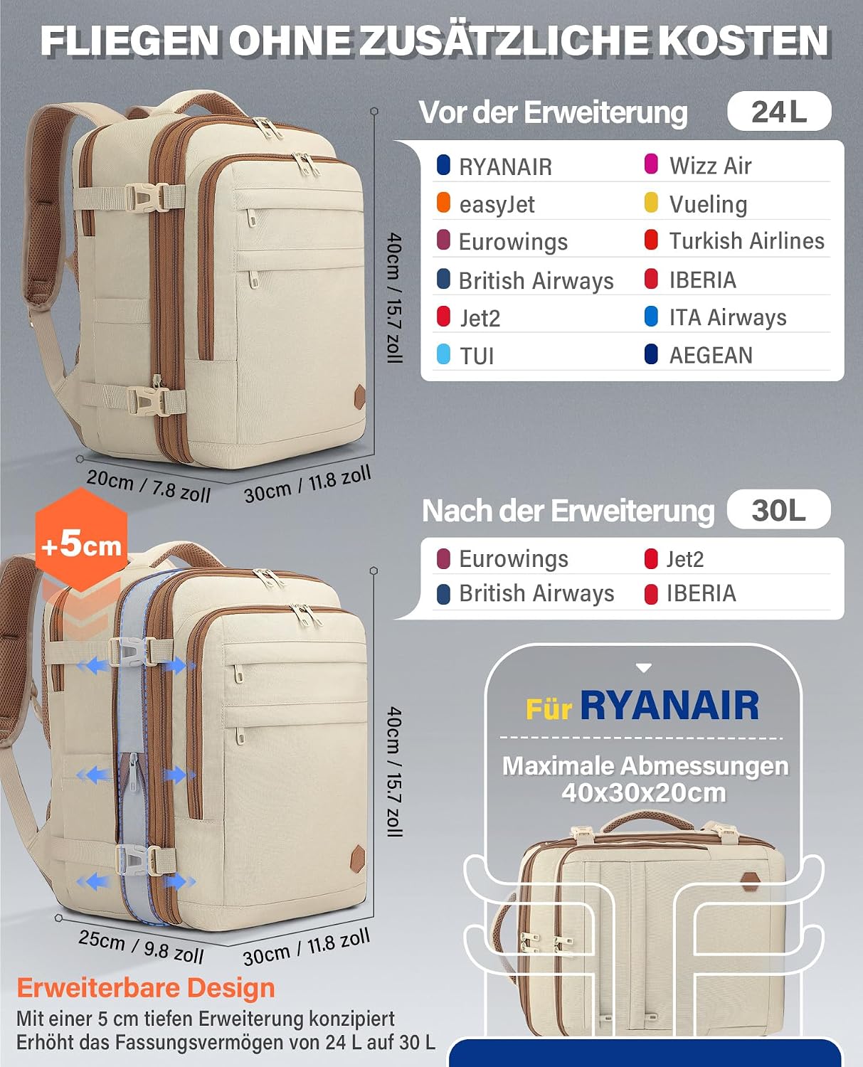 Detalle 2 de VANKEV Handgepäck-Rucksack 40×30×20–25 cm