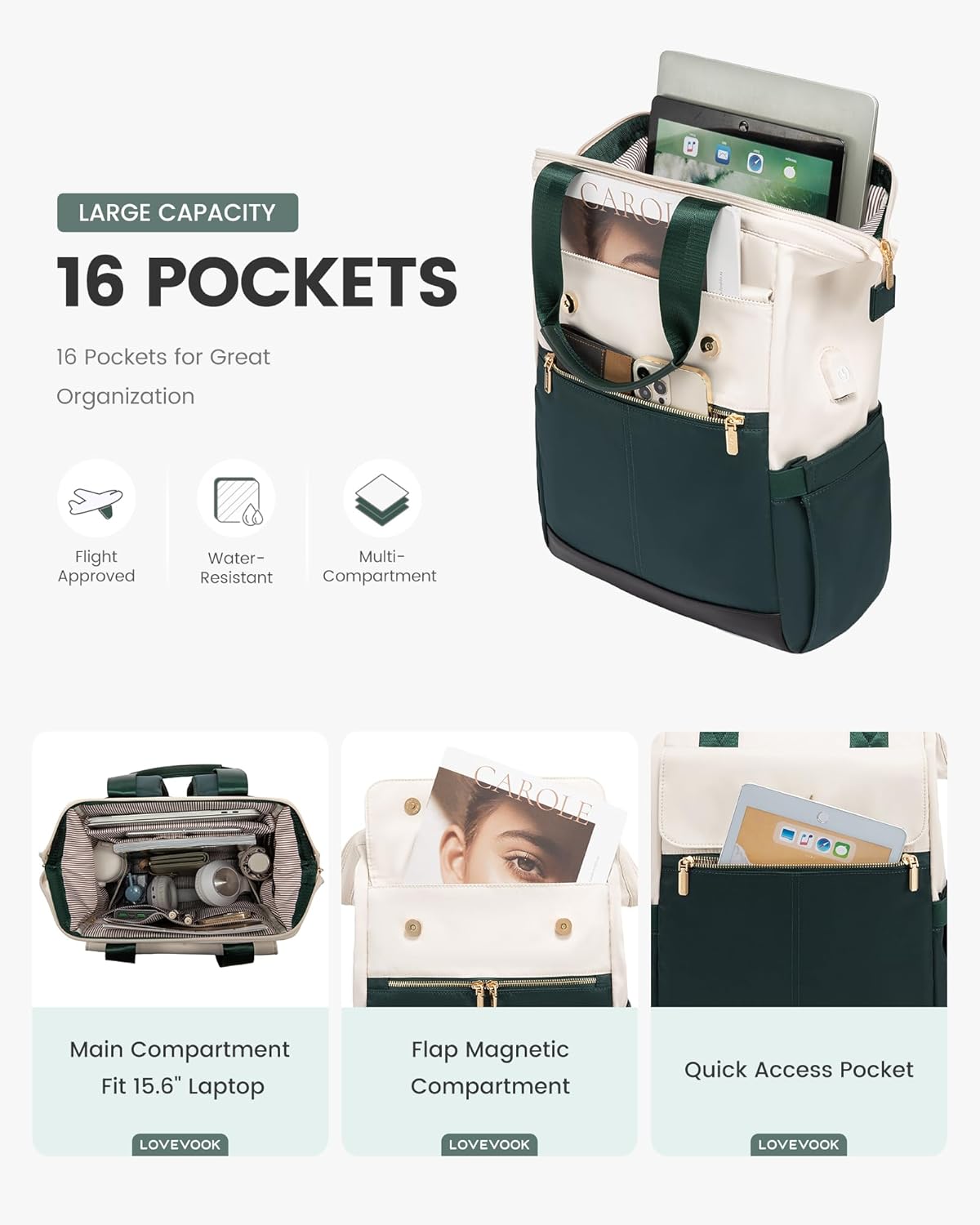 Thumbnail 1 de LOVEVOOK Backpack Womens: 15.6 inch Laptop Rucksack in Beige Green