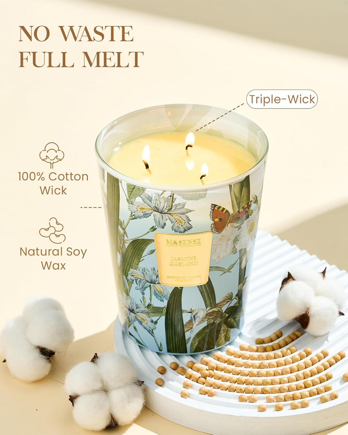 Detalle de M&SENSE Jasmine Candles Highly Scented 3 Wick 35oz — 150 Hours Burn with Natural Soy Blend Wax