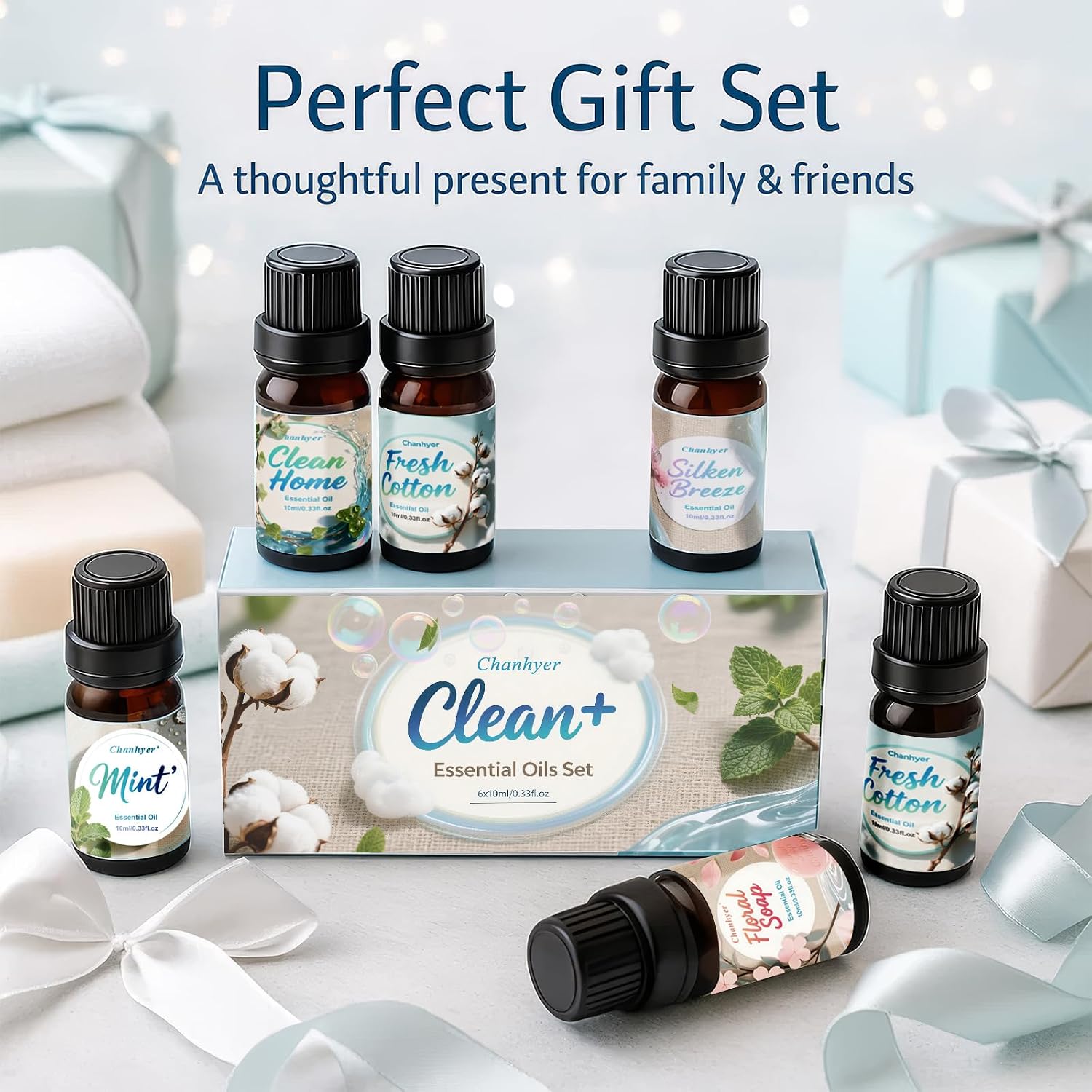 Detalle de Clean Essential Oils Set 6x10ml – Fresh Linen, Mint, Clean Home, Silken Breeze, Fresh Cotton, Floral Soap