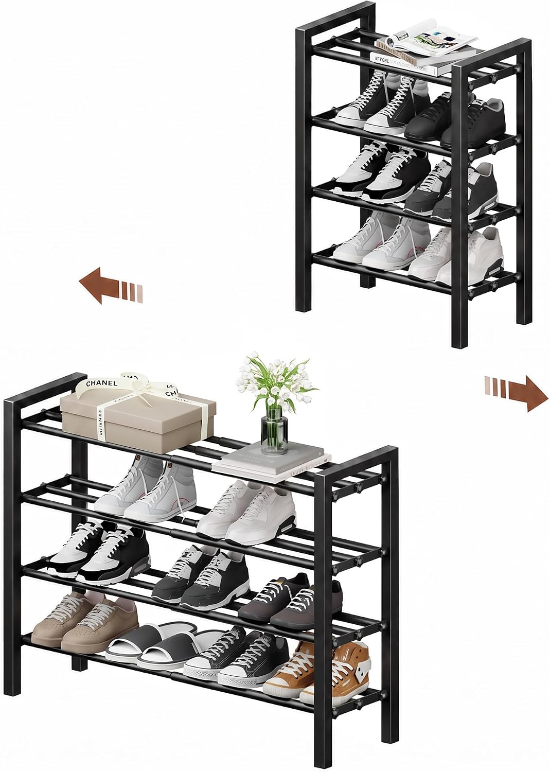 Detalle de HDDTTZ HDD04 Expandable 4-Tier Metal Shoe Rack, Adjustable Width, Black