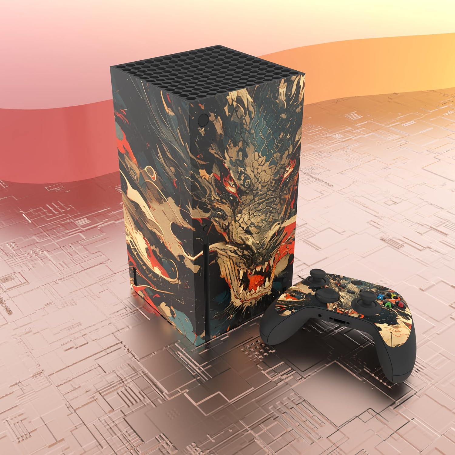 Detalle 2 de PlayVital Dragon's Fury Vinyl Skins for Xbox Series X: Protective, Customisable Wraps for Console and Controller