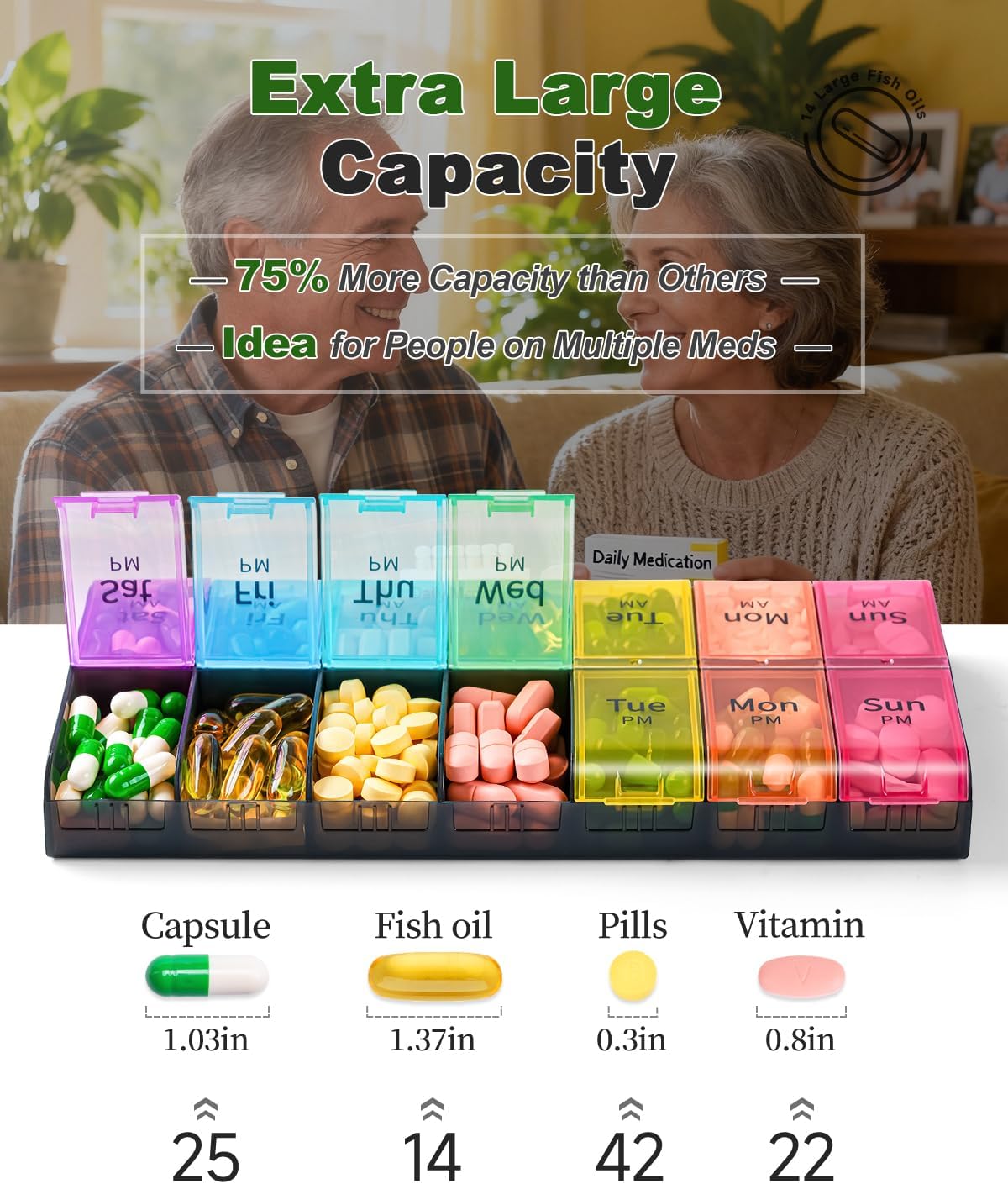 Detalle de Extra Large Pill Organizer 2 Times a Day (Weekly XL AM PM) – Rainbow