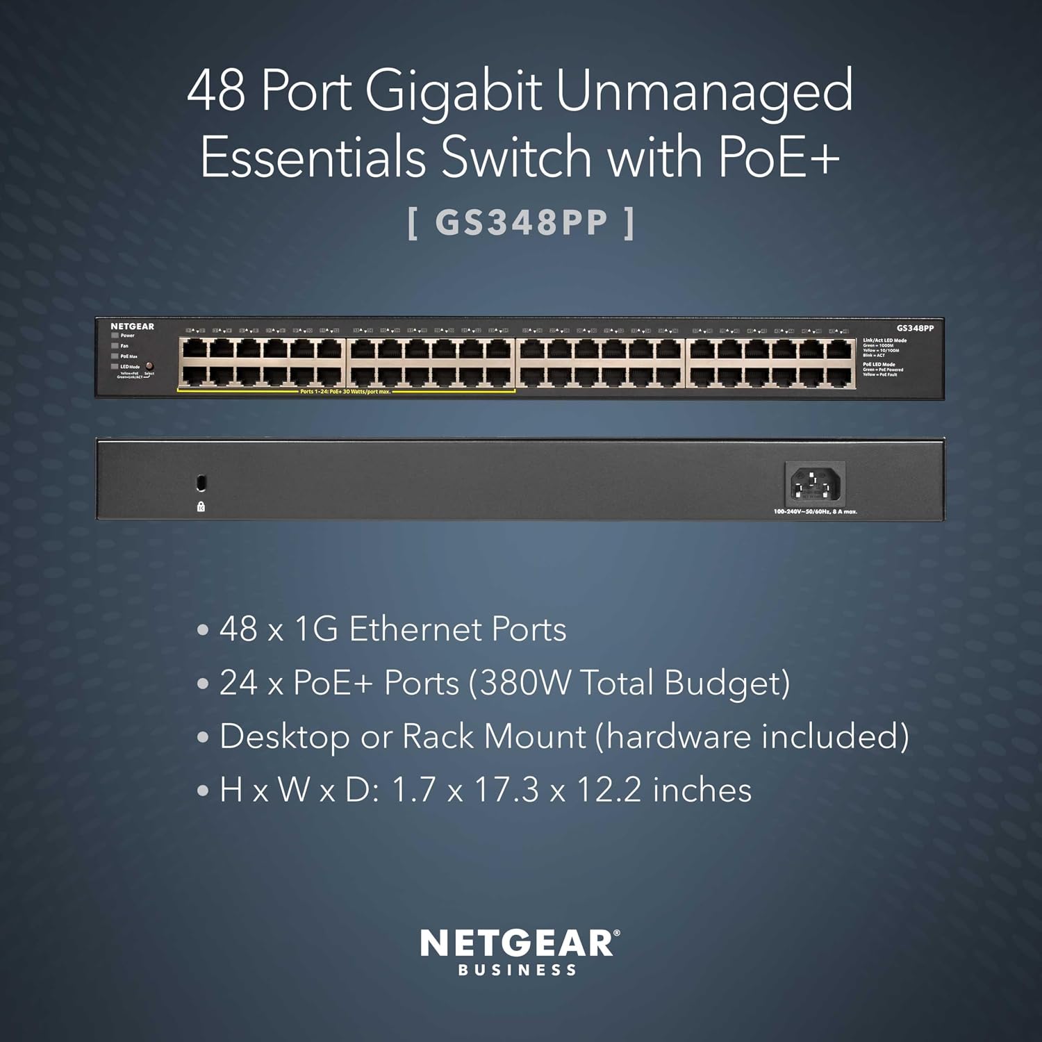 Detalle 2 de NETGEAR GS348PP-100NAS 48-Port Gigabit PoE+ Unmanaged Switch, 380W