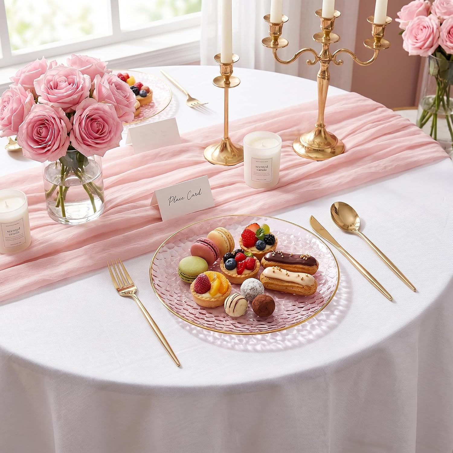 Detalle 2 de Rubtlamp 100 Pcs Pink Gold 7 Inch Dessert Plates – Hammered Plastic Disposable with Gold Rim