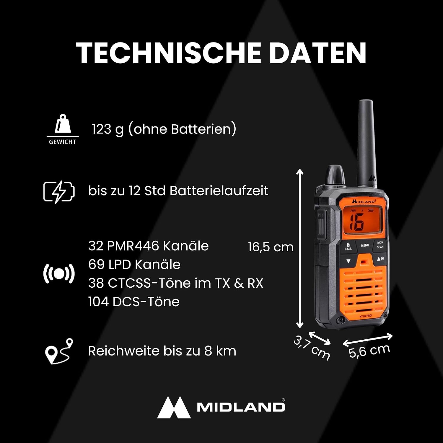 Thumbnail 3 de Midland XT70 PRO radiotelefony PMR446, 101 kanałów, zasięg do 12 km, IPX4