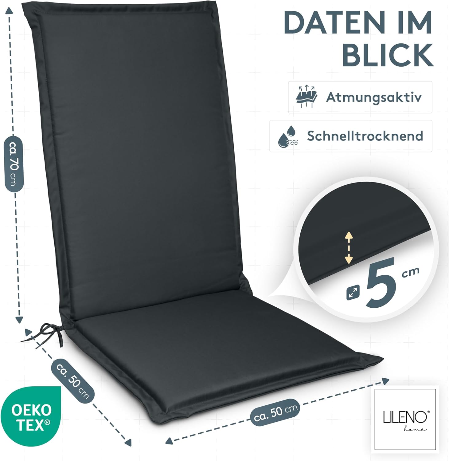 Detalle 2 de LILENO HOME Gartenstuhl Auflagen 4er-Set Hochlehner in Anthrazit (für MIA)