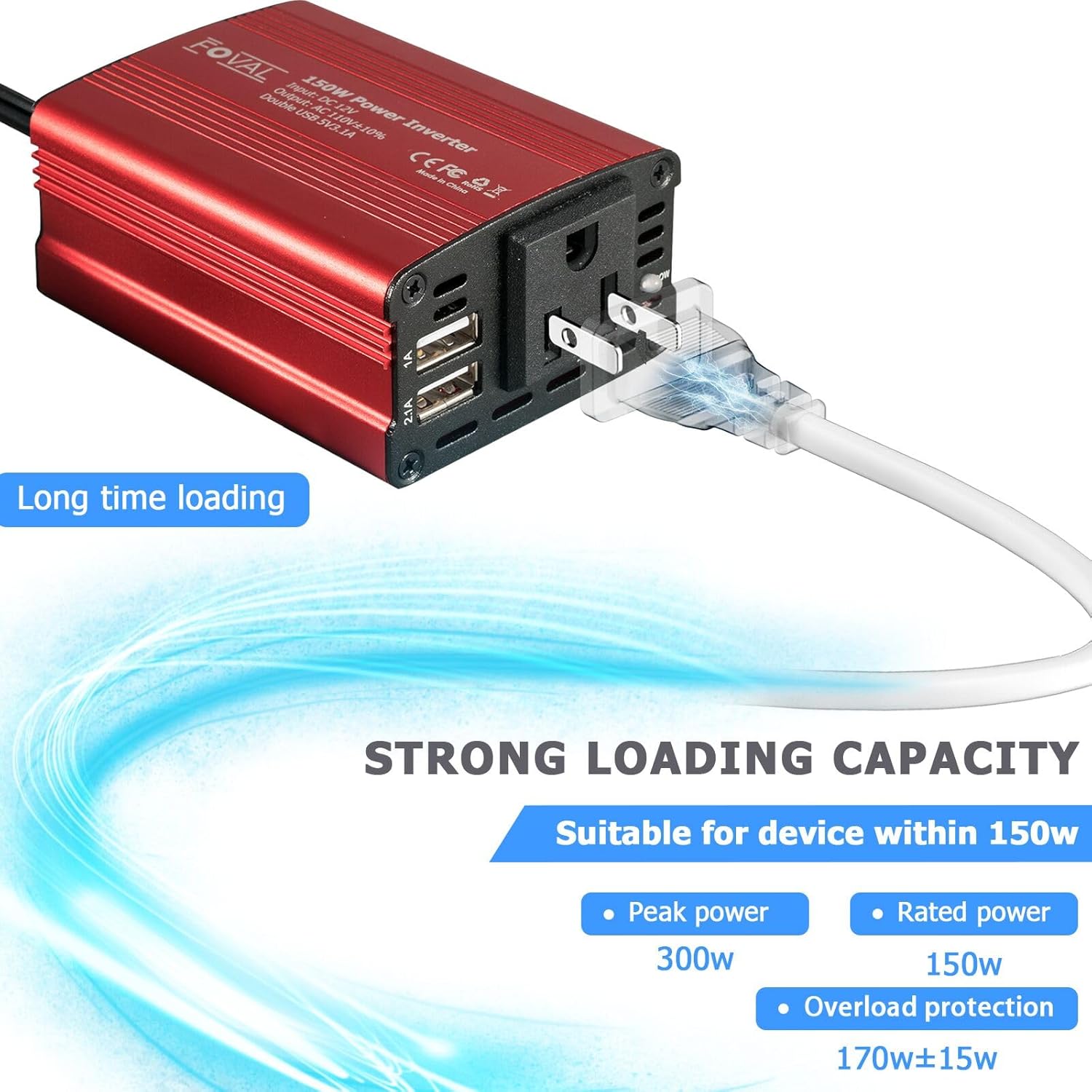 Detalle de FOVAL 150W Car Power Inverter: 12V DC to 110V AC with Dual USB and Compact Aluminum Build