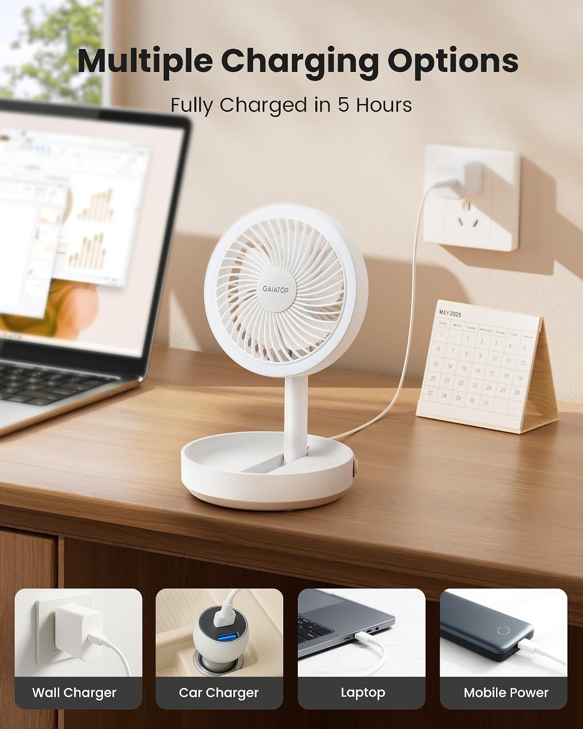 Thumbnail 6 de Gaiatop Foldable Small Desk Fan (6000mAh) with LED Night Light – portable desktop fan for bedroom, office and travel