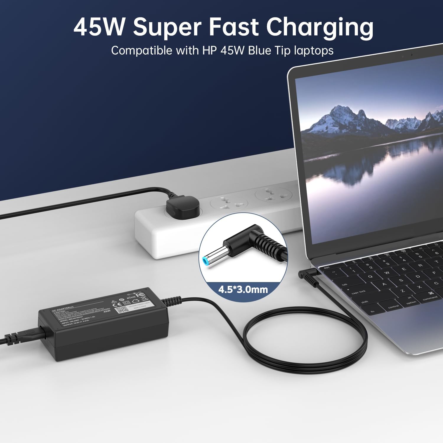 Thumbnail 1 de 45W HP Laptop Charger with UK Plug (Blue Tip 4.5x3.0mm) for Pavilion, ProBook, EliteBook, Stream