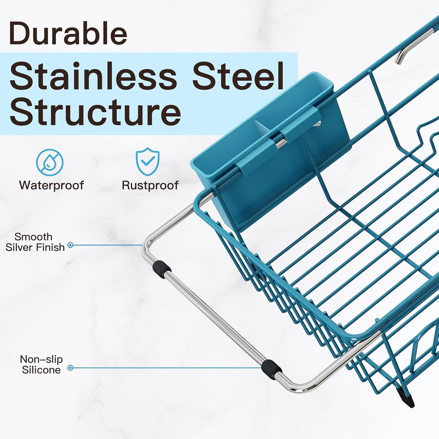 Thumbnail 4 de JASIWAY Blue Stainless Steel Dish Drying Rack, Expandable Over-Sink Design